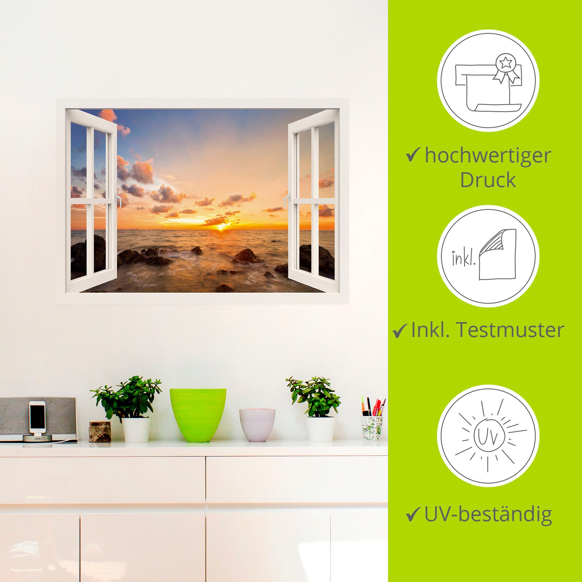 Artland Wandbild »Fensterblick Sonnenuntergang am Meer«, Fensterblick, (1 St.), als Alubild, Outdoorbild, Leinwandbild, Wandaufkleber, versch. Größen