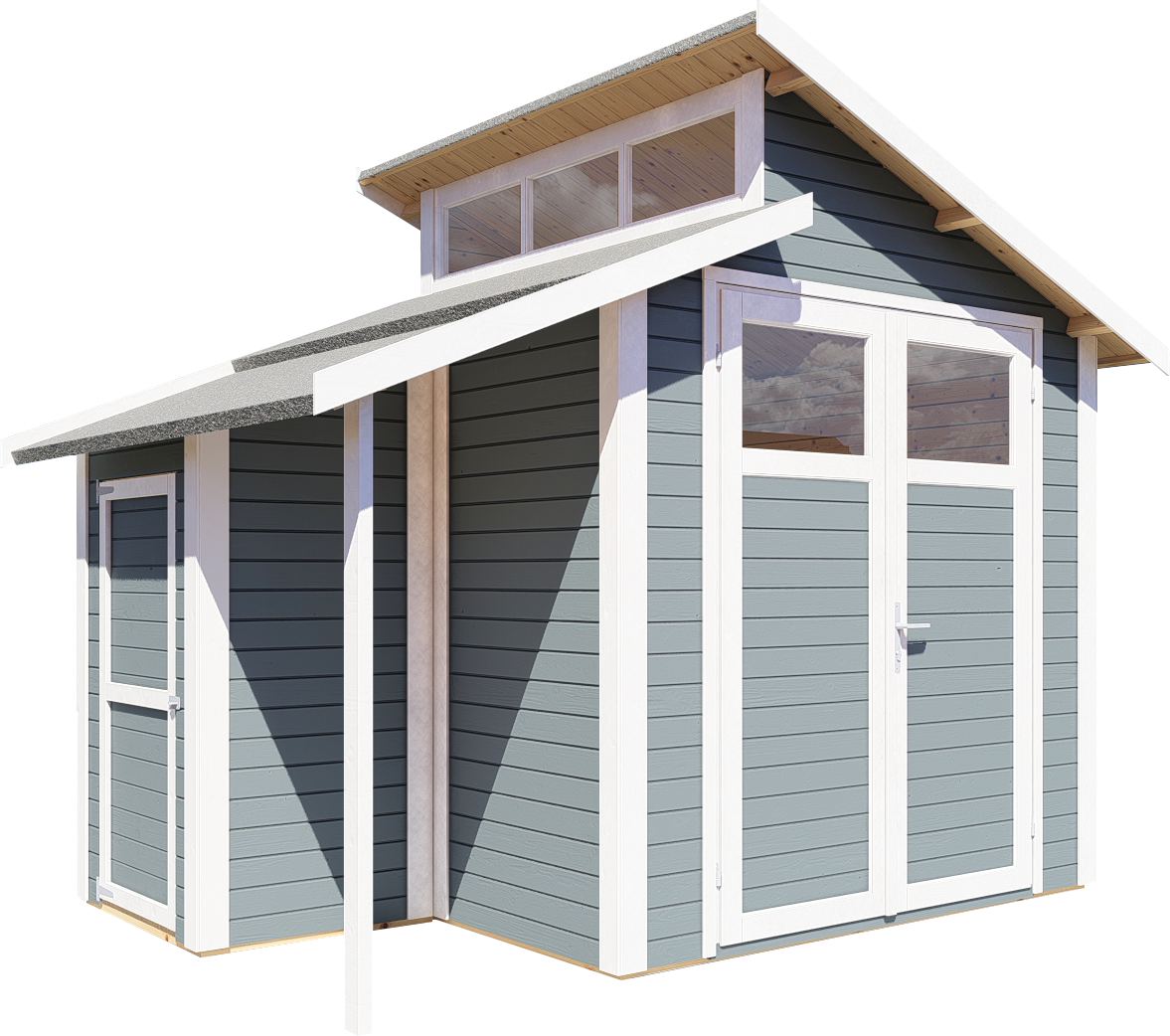 BERTILO Gartenhaus »Studio Set 2, in verschiedenen Farben«, mit Doppelpultdach, Oberlicht und Dachverlängerung + Wandschrank