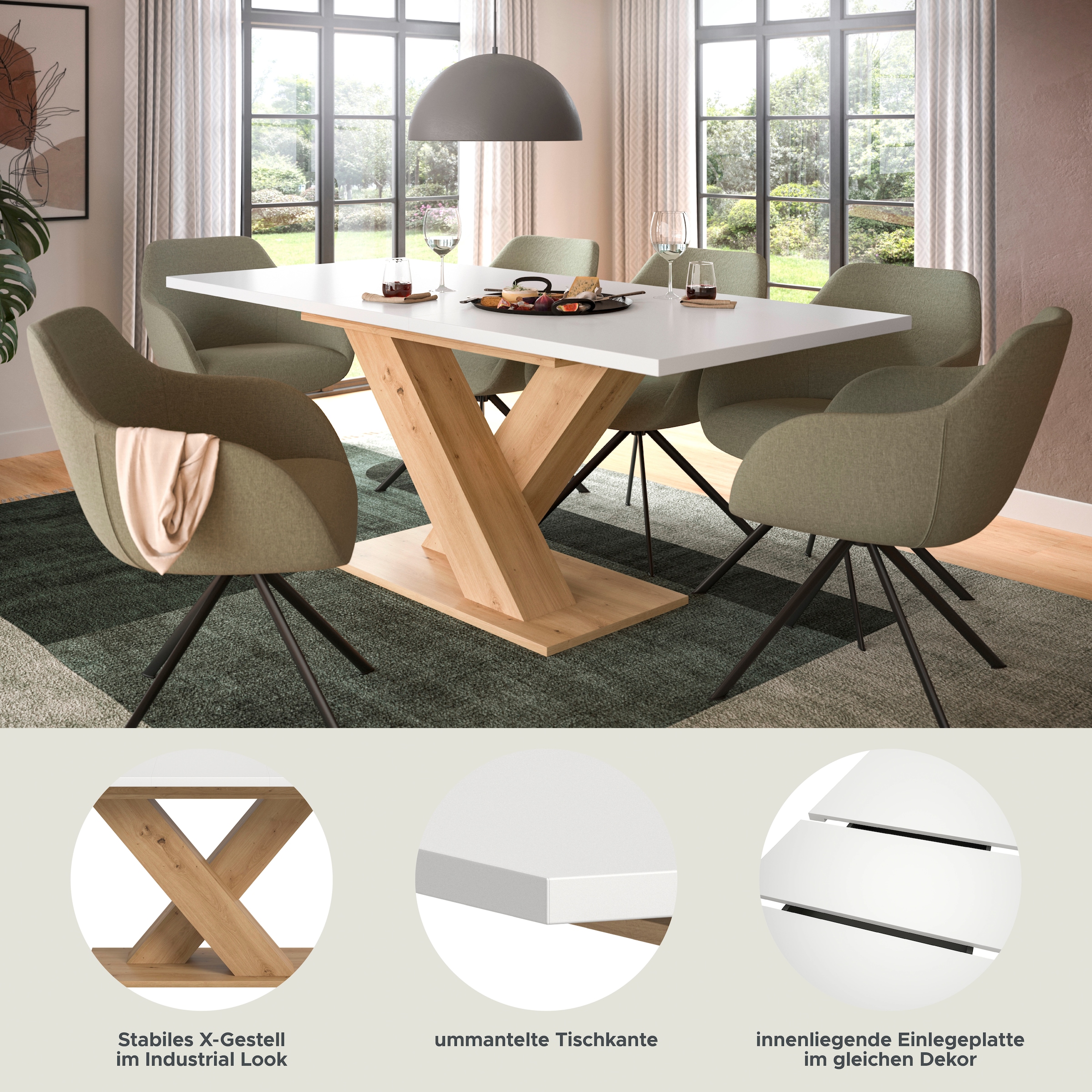 INOSIGN Esstisch »Motus, ausziehbar 150 -190 cm, inklusive 40 cm Einlegeplatte«, (Set, 1 St.), X-Gestell mit Bodenplatte, Tisch, Küchentisch, Esszimmer, Küche