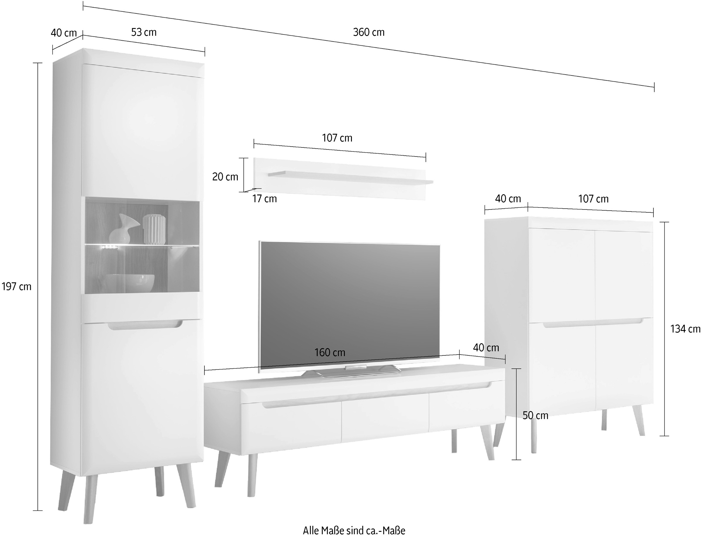 INOSIGN Wohnwand »Torge, Anbauwand, Schrankwand, Mediawand, Wohnzimmer-Set«, (Set, 4 St.), enthält 1 Vitrine, 1 Lowboard, 1 Highboard + 1 Wandboard, 360 cm breit