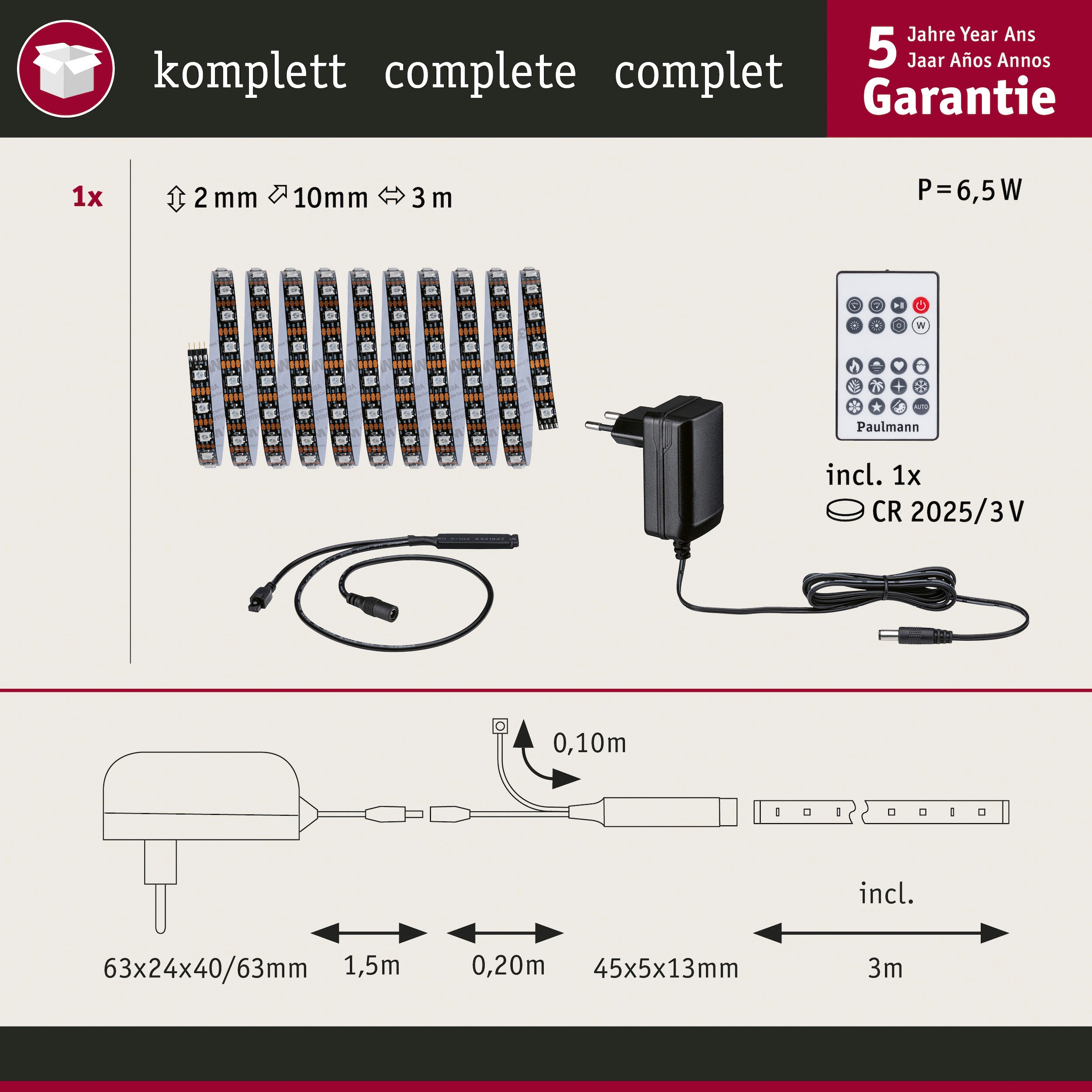 Paulmann LED-Streifen »Dynamic Rainbow RGB 3m 5W 60LEDs/m 10VA«, 1 St.-flammig