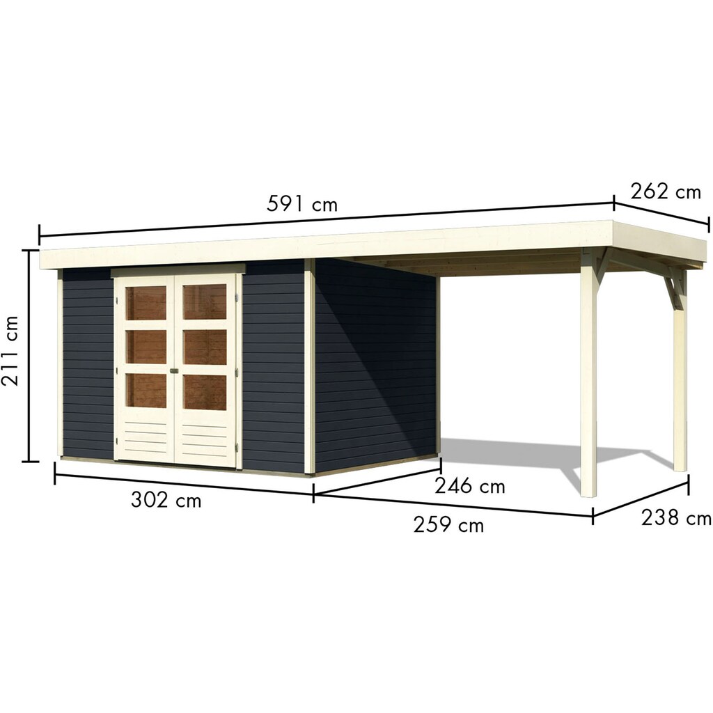 Karibu Gartenhaus »"Arnis 5" SET anthrazit mit Anbaudach 2,80 m Breite«, (Set), aus hochwertiger nordischer Fichte