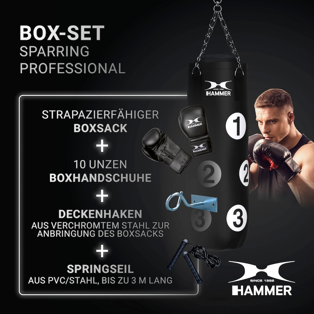 Hammer Boxsack »Sparring Professional«, (Set, mit Trainings-DVD-mit Boxhandschuhen-mit Sprungseil-mit Haken)