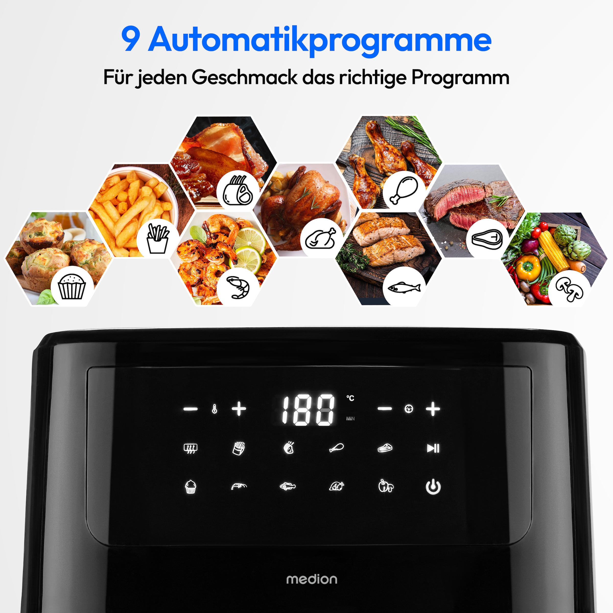 Medion® Heißluftfritteuse »P10 XL (MD 11750), 6,8 L Korbvolumen, 9 Automatikprogramme, Vorheizen«, 2000 W, Fassungsvermögen 6,8 l, Temperatur einstellbar 50 - 200 °C, ILAG Beschichtung, Timer