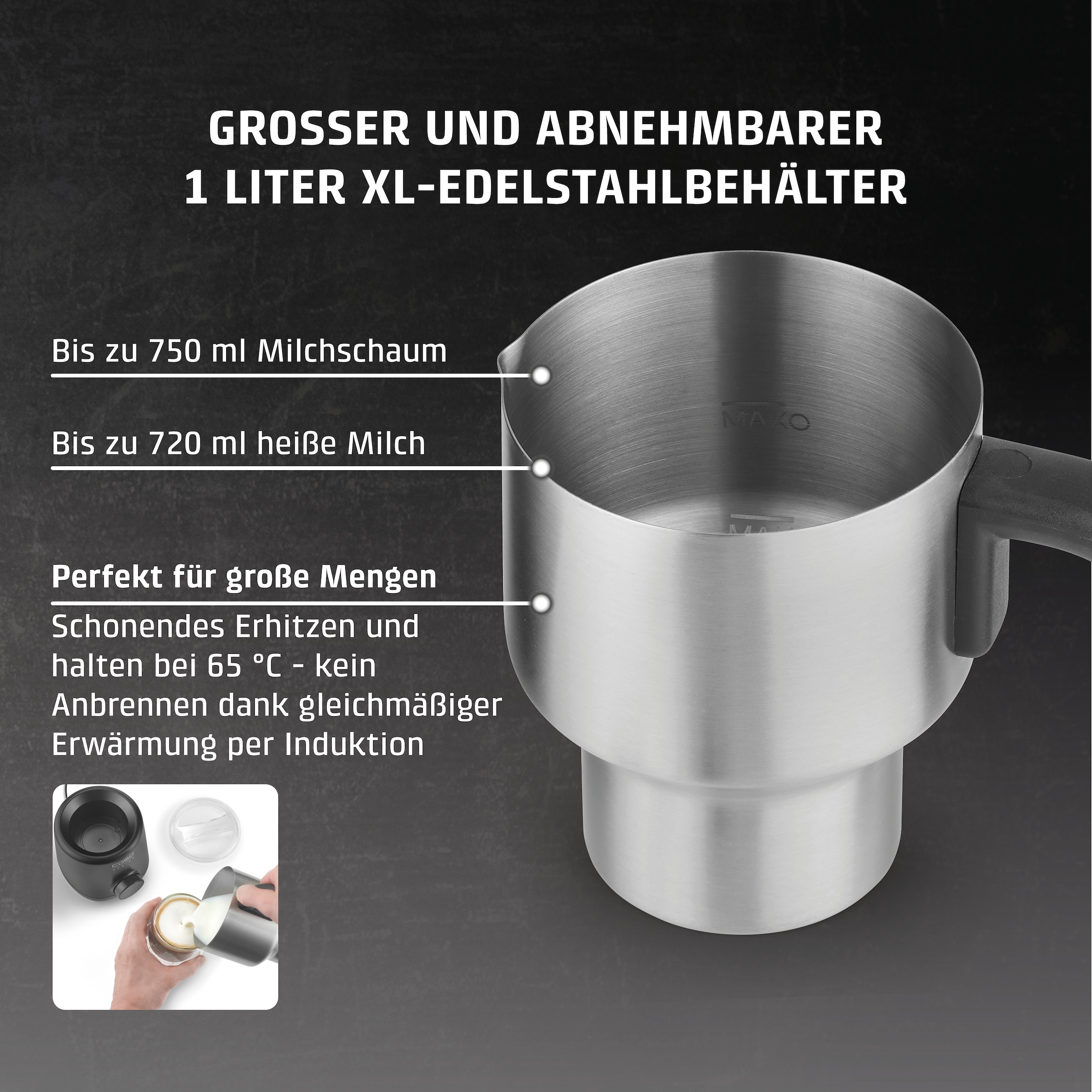 Caso Milchaufschäumer »1667 PremiumLatte XL« 550 W Induktionstechnologie: Kein Anbrennen,präzise und gleichmäßige Erwärmung Milchschaumbehälter, Deckel und Rühreinsatz spülmaschinengeeignet