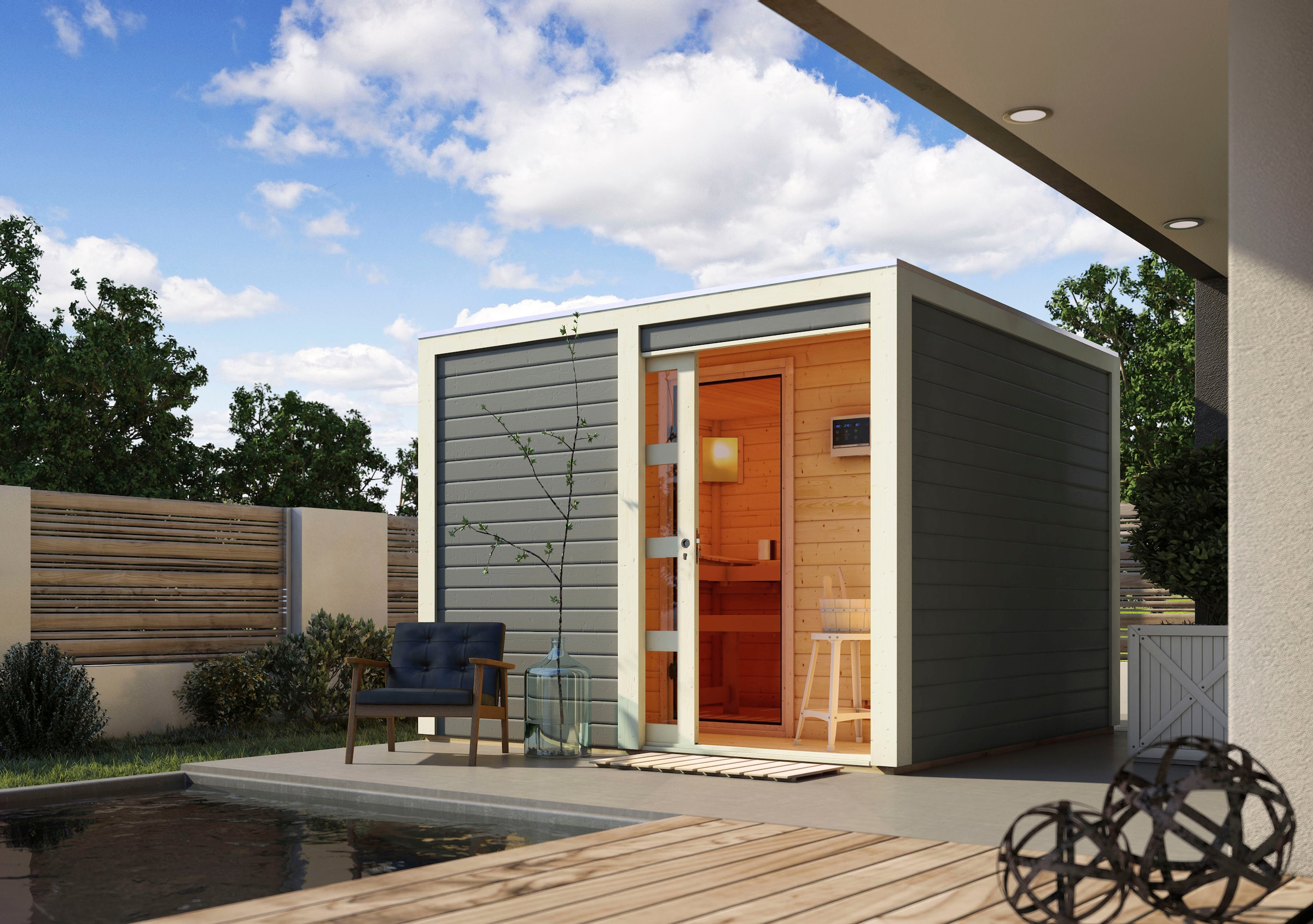 KONIFERA Saunahaus »Ruben«, terragrau, mit Ofen 9 kW ext. Steuerung Easy