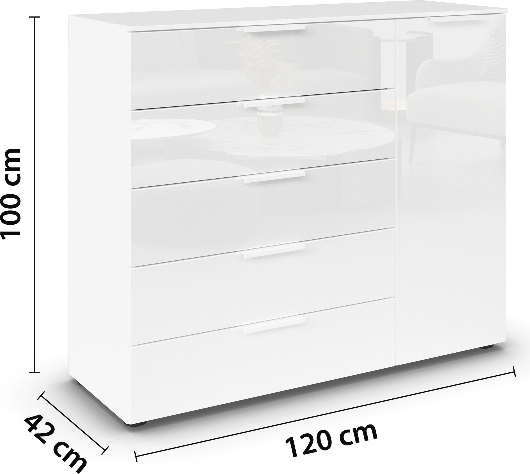 rauch Schubkastenkommode »Kommode Türkommode Sideboard Kombikommode FLIPP mit Glasfront«, (Breite 120 cm mit 2 Einlegeböden), 1-türig mit 5 Schubladen und Soft-Close-Funktion sowie Glasfront