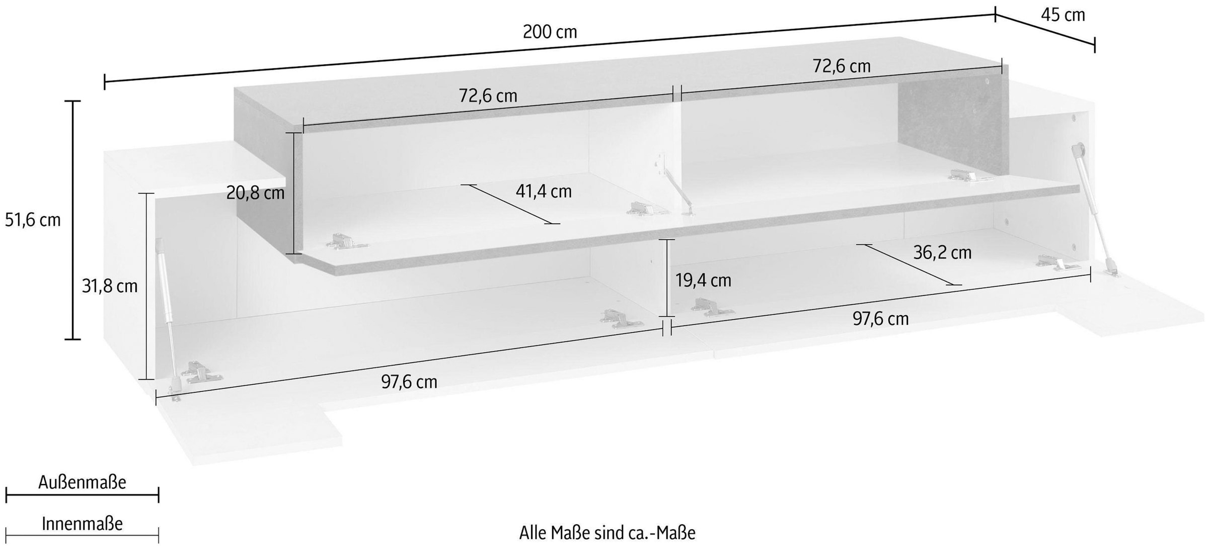 Home affaire Lowboard »Coro,Lowboard,TV-Kommode,TV-Möbel,TV-Bank« mit 3 Klappen davon 2 mit Push-to-Open Funktion Breite 200 cm