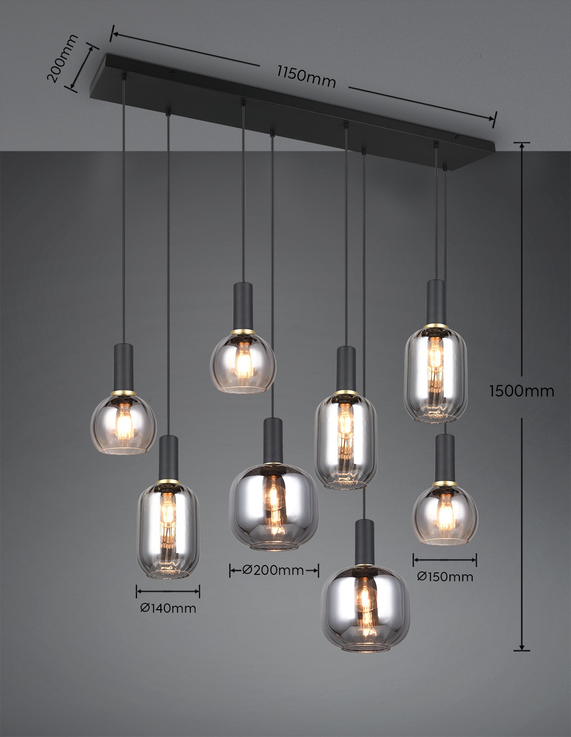 TRIO Leuchten Pendelleuchte »DIVA, E27 Hängelampe 8-flammig mit Glasschirm, exkl 8xE27 max 10W«, 8 flammig, Leuchtmittel E27 | Leuchtmittel wechselbar, höhenverstellbar bis max 150cm Hängeleuchte 120x32 cm Wohnzimmer Küche