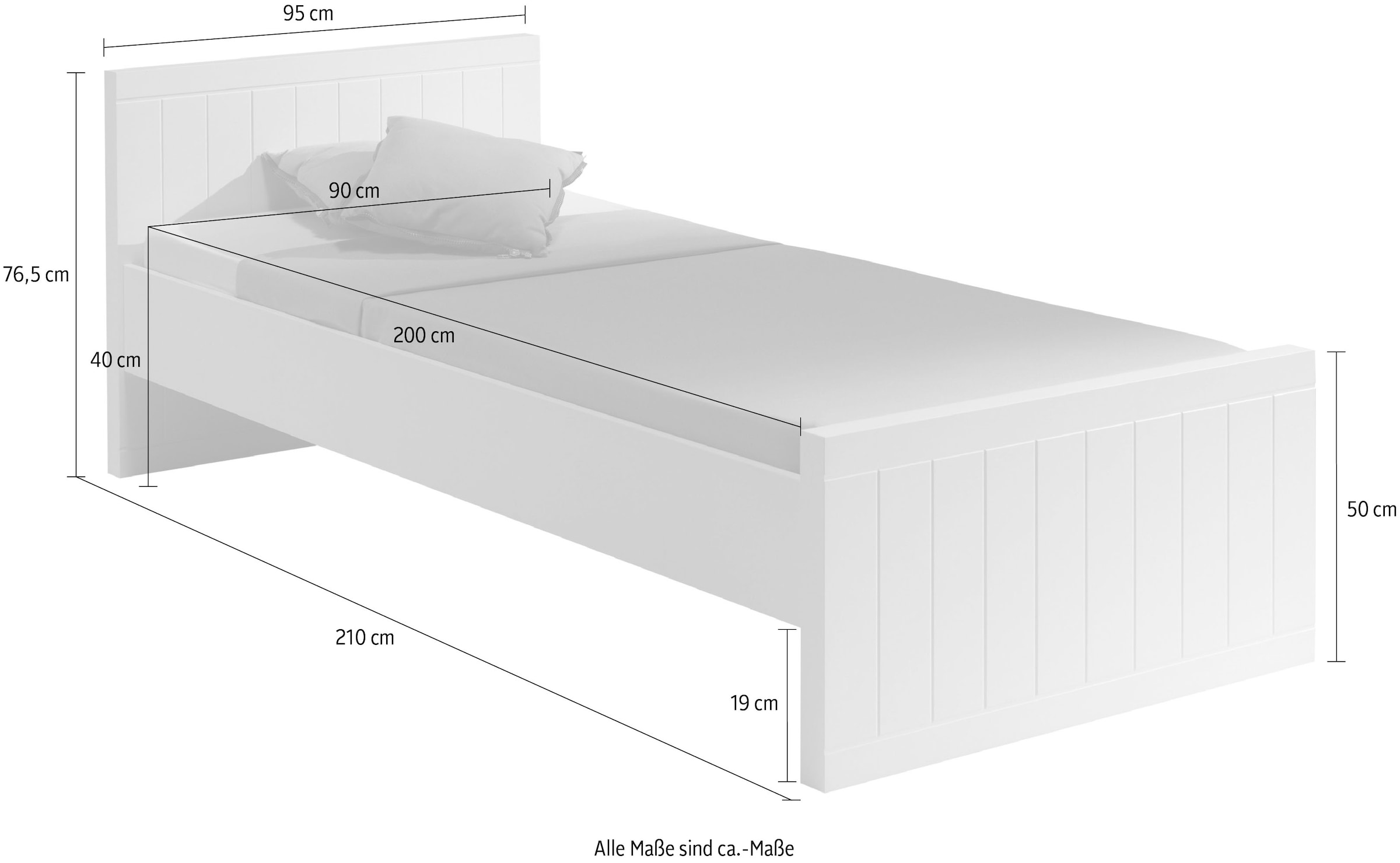 Vipack Einzelbett »Robin, Liegefläche 90/200 cm, MDF weiß lackiert, gradliniges Desin«, (B/H/T ca. 210x76,5x95cm, ohne Lattenrost, Kopf-/Fußteil 58 mm stark)