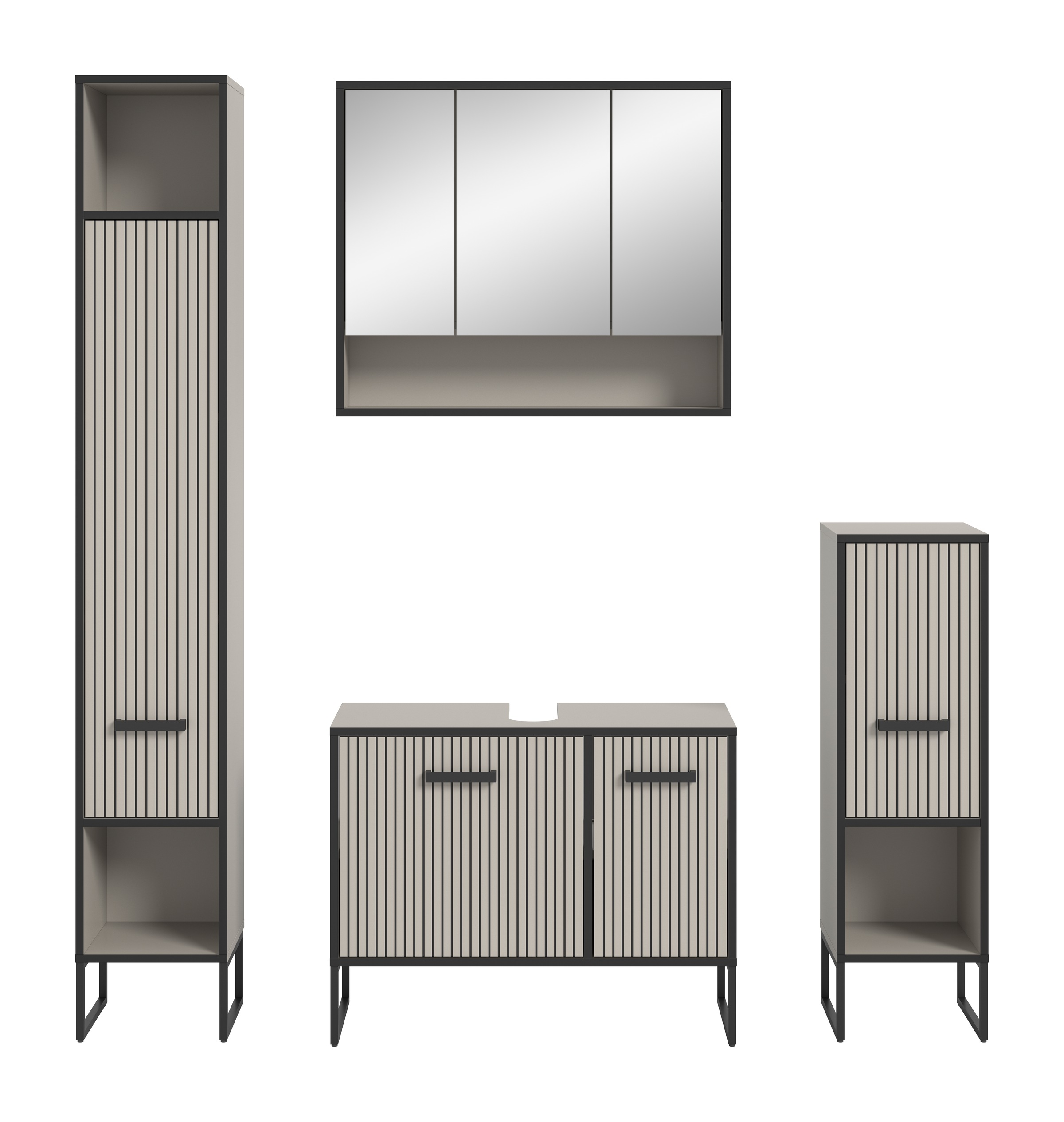 welltime Badmöbel-Set »Locri, Breite 170 cm, Rillenoptik, Metallkufen«, (4 St.), Hochschrank, Waschbeckenunterschrank, Spiegelschrank, Standschrank