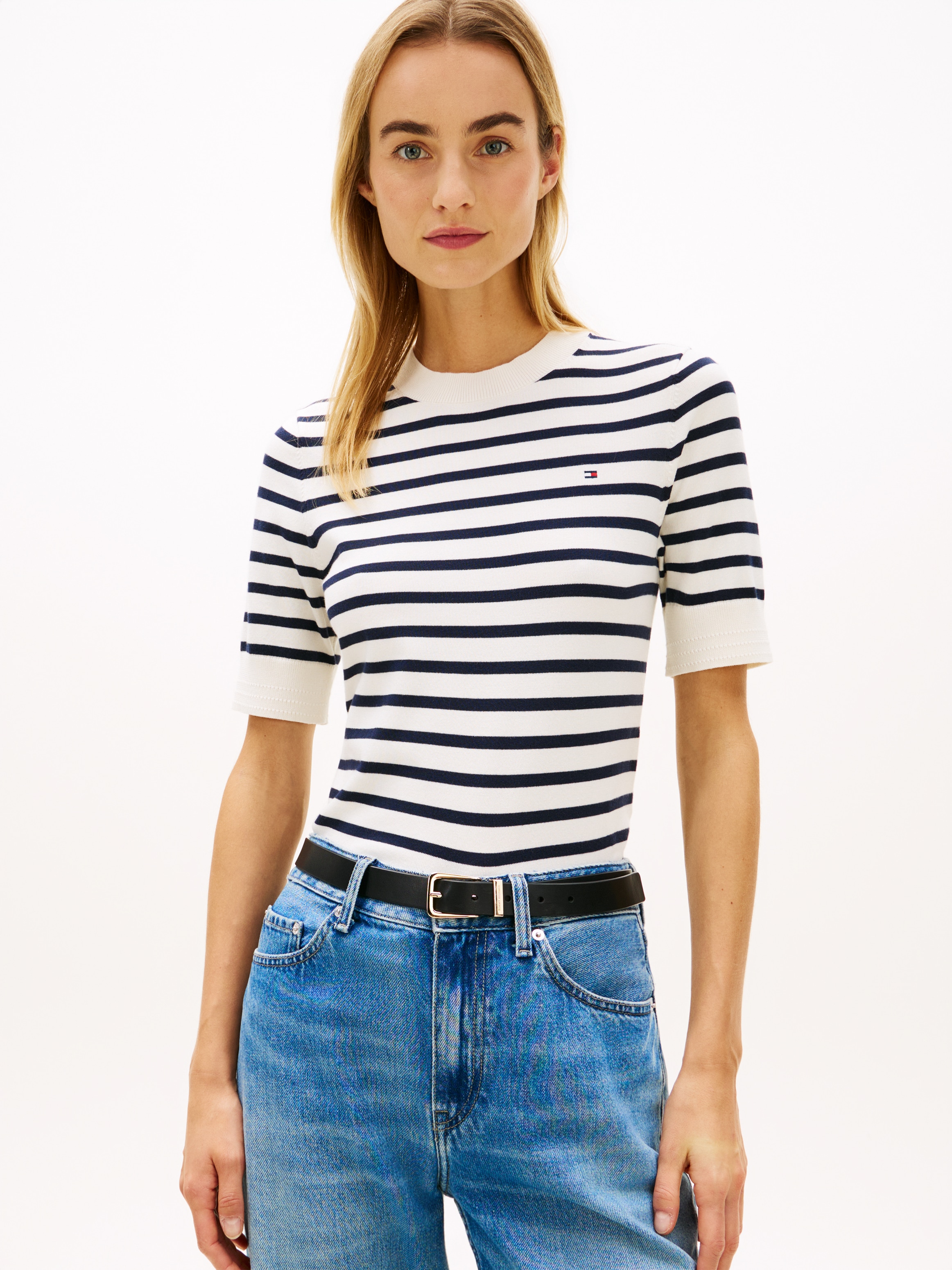 Tommy Hilfiger Kurzarmpullover »CO JERSEY FINE GG C-NK SS SWT« Baumwollmischung, Regular Fit
