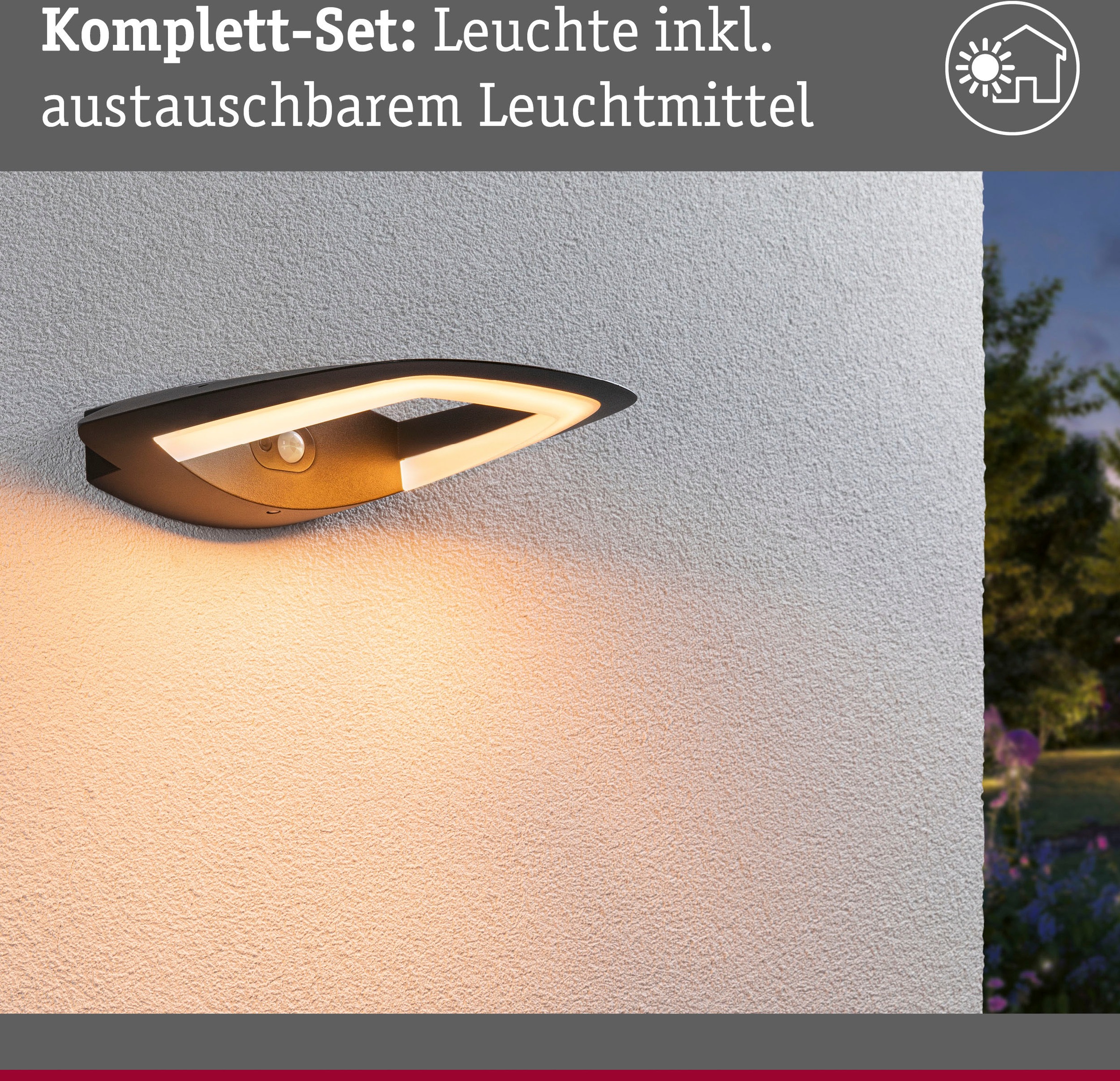 Paulmann LED Außen-Wandleuchte »Outdoor 230V Akena PIR Insect Freindly anthrazit«, 1 flammig, Insektenfreundlich