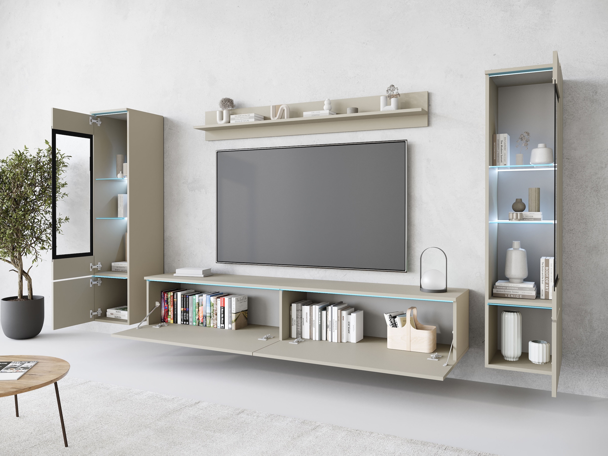 INOSIGN Wohnwand »VERA II, Vitrinen Türanschlag wechselbar«, (Komplett-Set, 4 St.), Mediawand 260 cm, Vitrine mit Verglasung, stehend und hängend