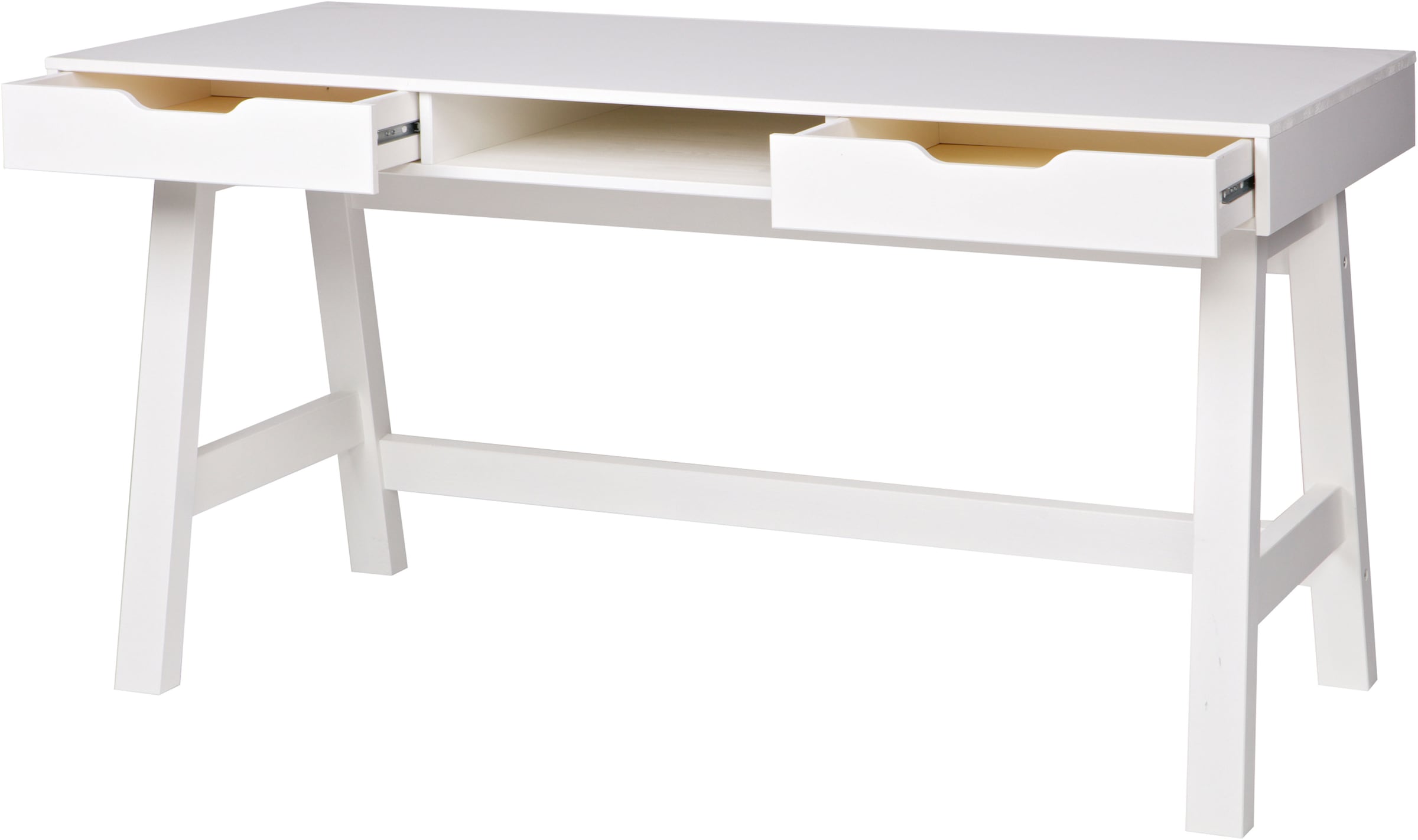 WOOOD Schreibtisch »Nikki aus Kiefernholz lackiert, zwei Schubladen 140x62x75 cm« Schubladen mit Metallführung, offenes Mittelfach, gebürstet Oberfläche