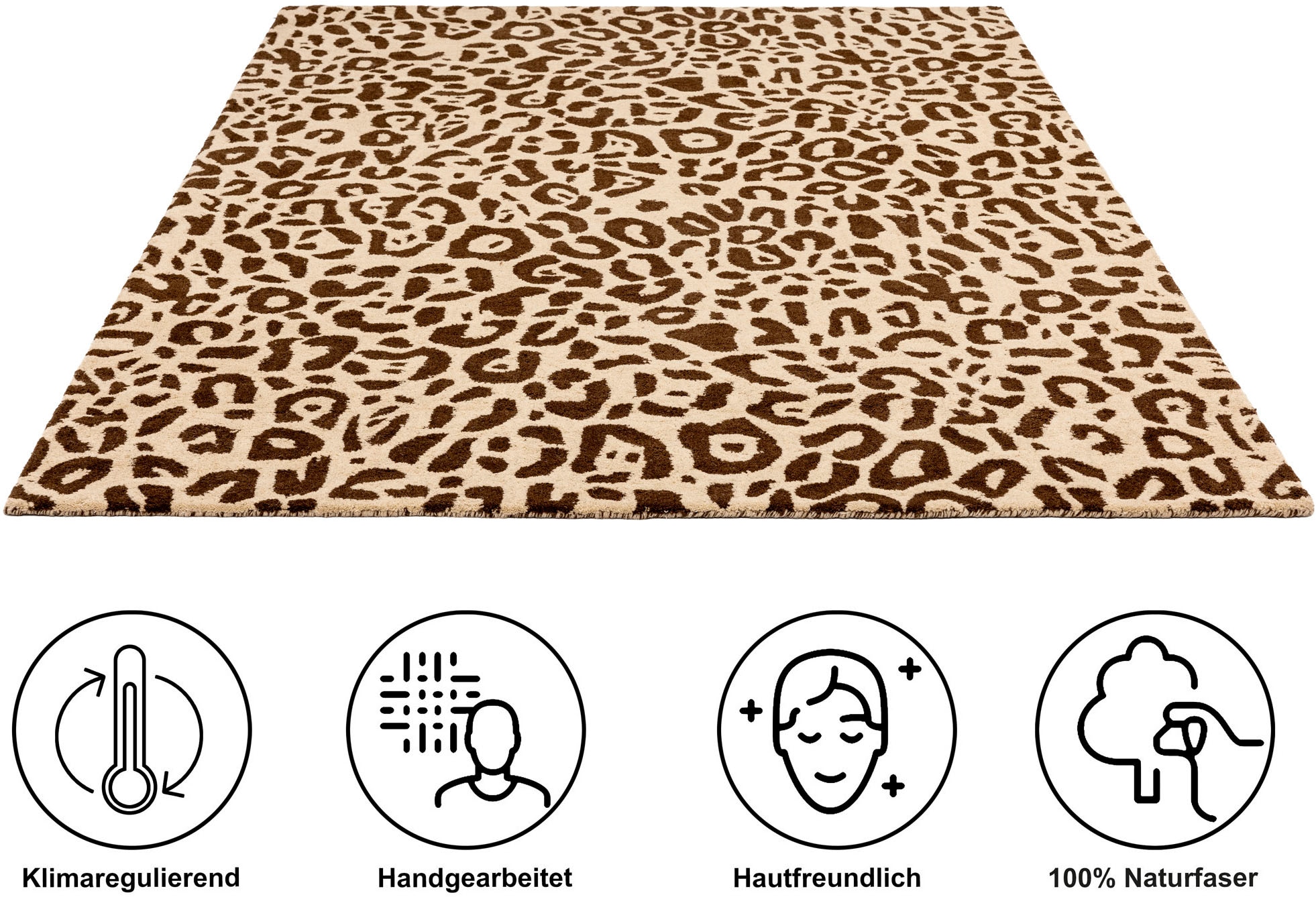 OTTO home Wollteppich »Gabbo Leo, Leopardenmuster, handgearbeitet« rechteckig 14 mm Höhe reine Wolle, Uni, Wohnzimmer, Schlafzimmer, Esszimmer