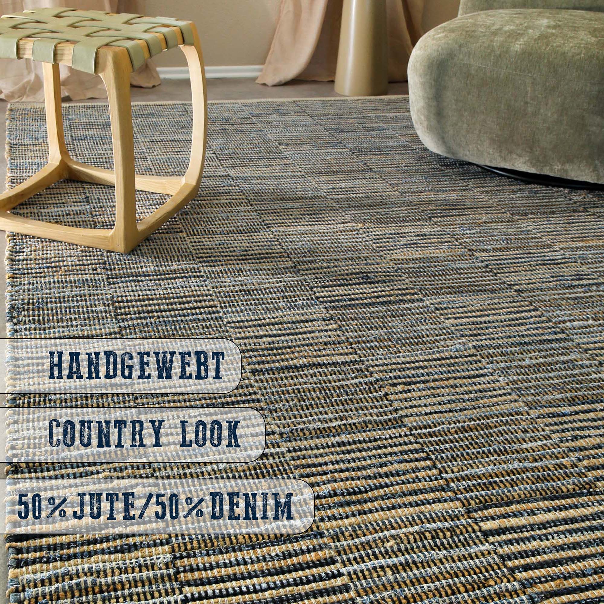 Wecon home Teppich »Denim Blues«, rechteckig, 6 mm Höhe, handgewebt, robust, pflegeleicht, skandi, Natur, Jute, Wohnzimmer