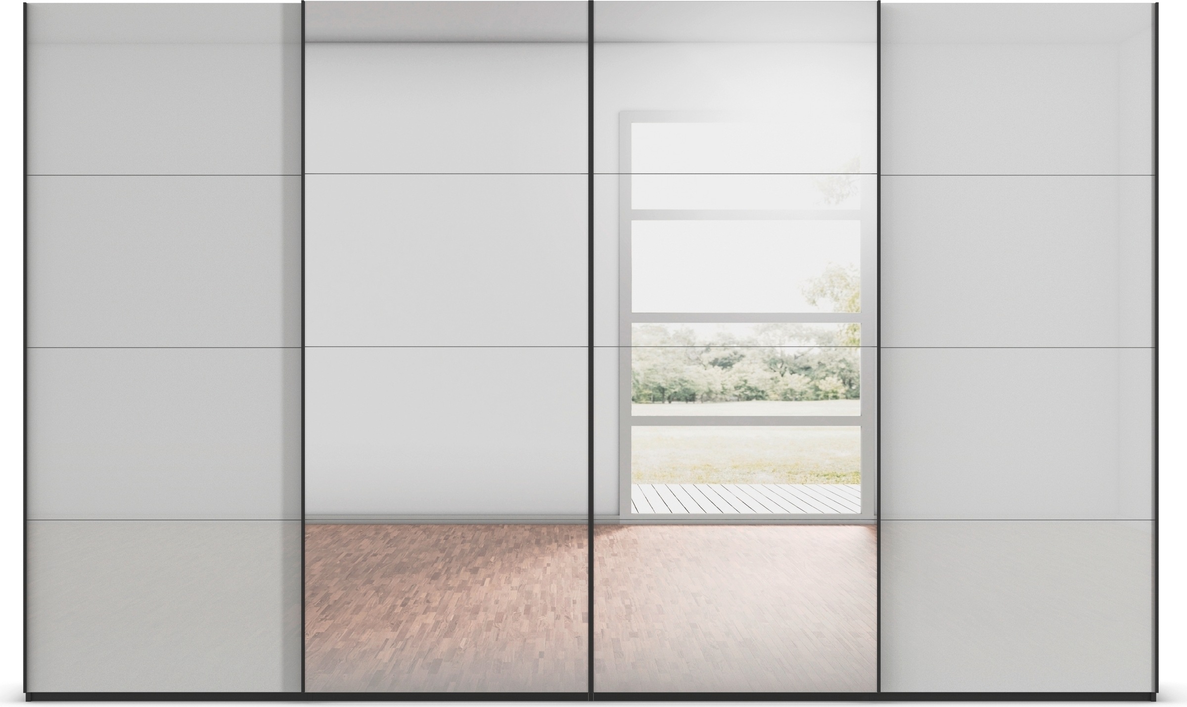 rauch Schwebetürenschrank »Kleiderschrank Schrank Garderobe Schlafzimmerschrank SCALE-FYRA«, edle viergeteilte Türen Spiegel/Glas-Mix viele Farben MADE IN GERMANY