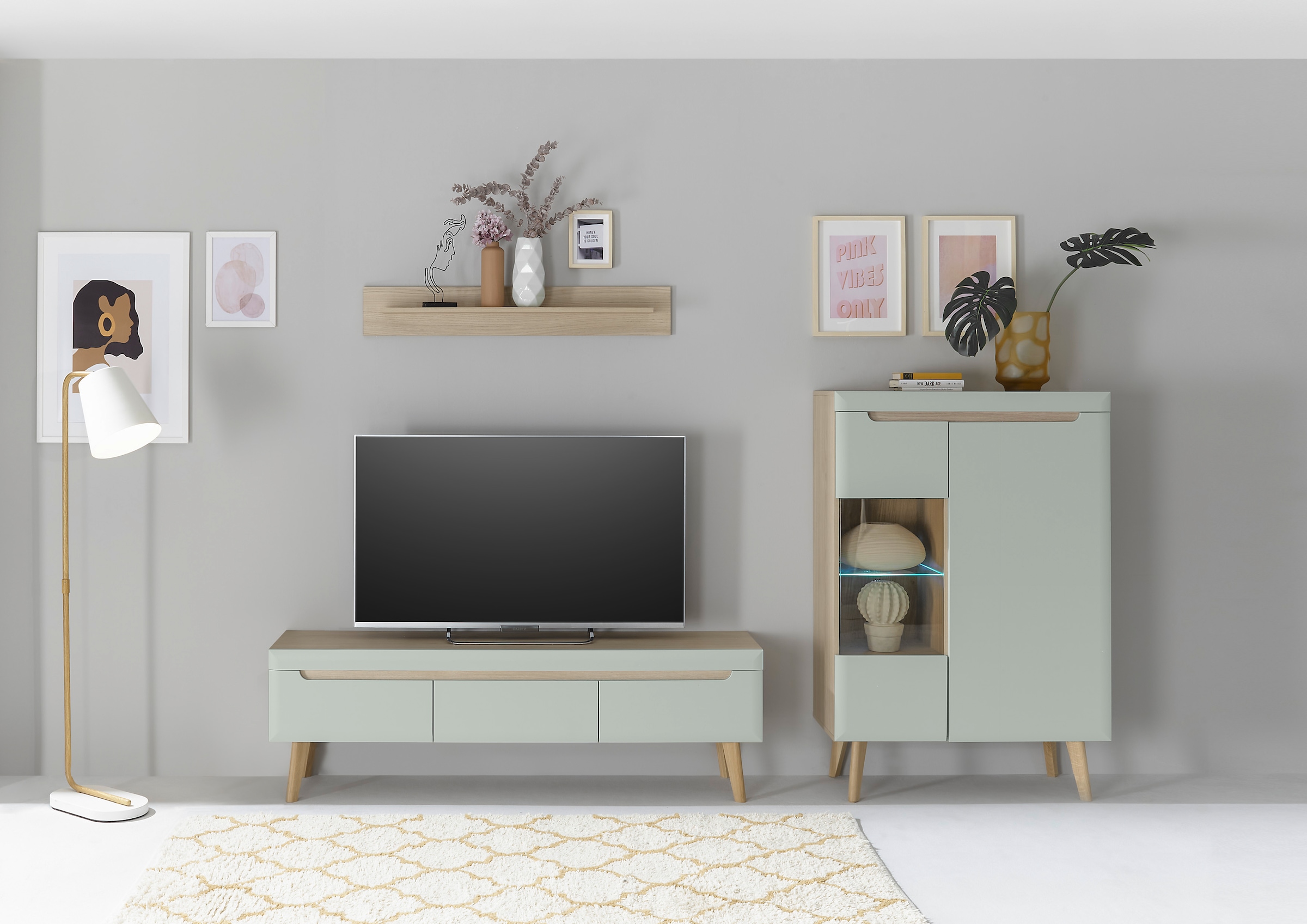 INOSIGN Wohnwand »Torge, Anbauwand, Schrankwand, Mediawand, Wohnzimmer-Set«, (Set, 3 St.), enthält 1 Vitrine, 1 Lowboard + 1 Wandboard, 270 cm breit