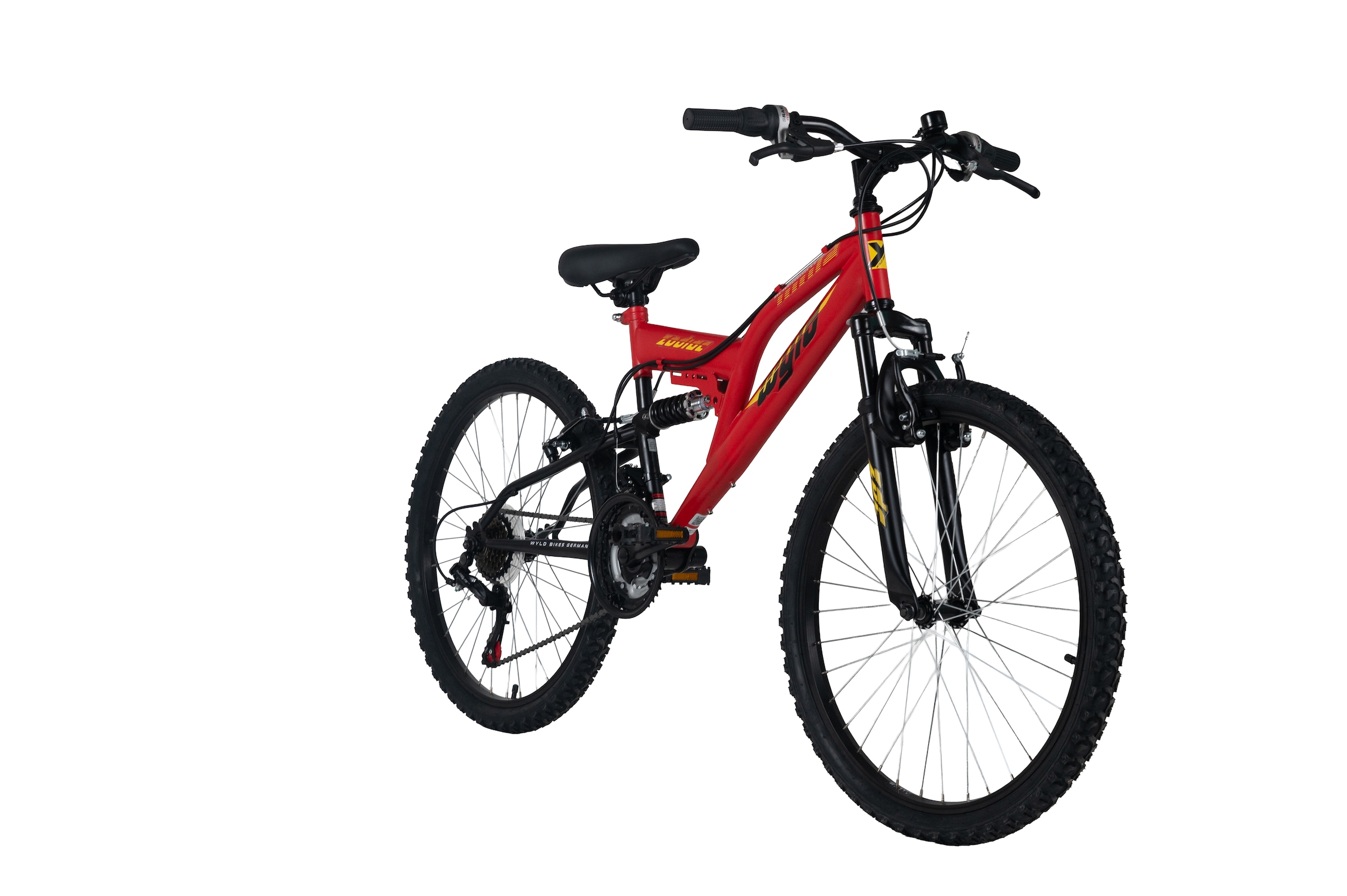 WYLD Jugendfahrrad »WYLD Kinder-Mountainbike Fully 24'' Zodiac rot 18 Gänge RH 38 cm« 18 Gang Shimano Tourney Schaltwerk Kettenschaltung