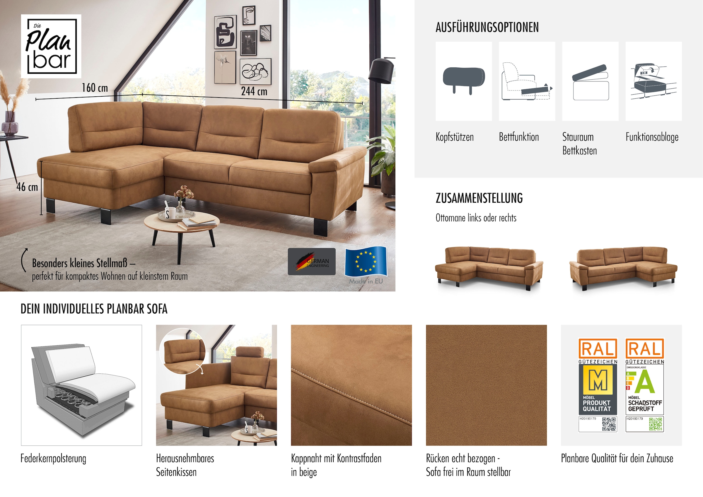 Die PlanBar Ecksofa »PP-PF23172 L-Form, Breite 244 cm« Eckgarnitur mit besonders kleinem Stellmaß ca. 160 x 244 cm