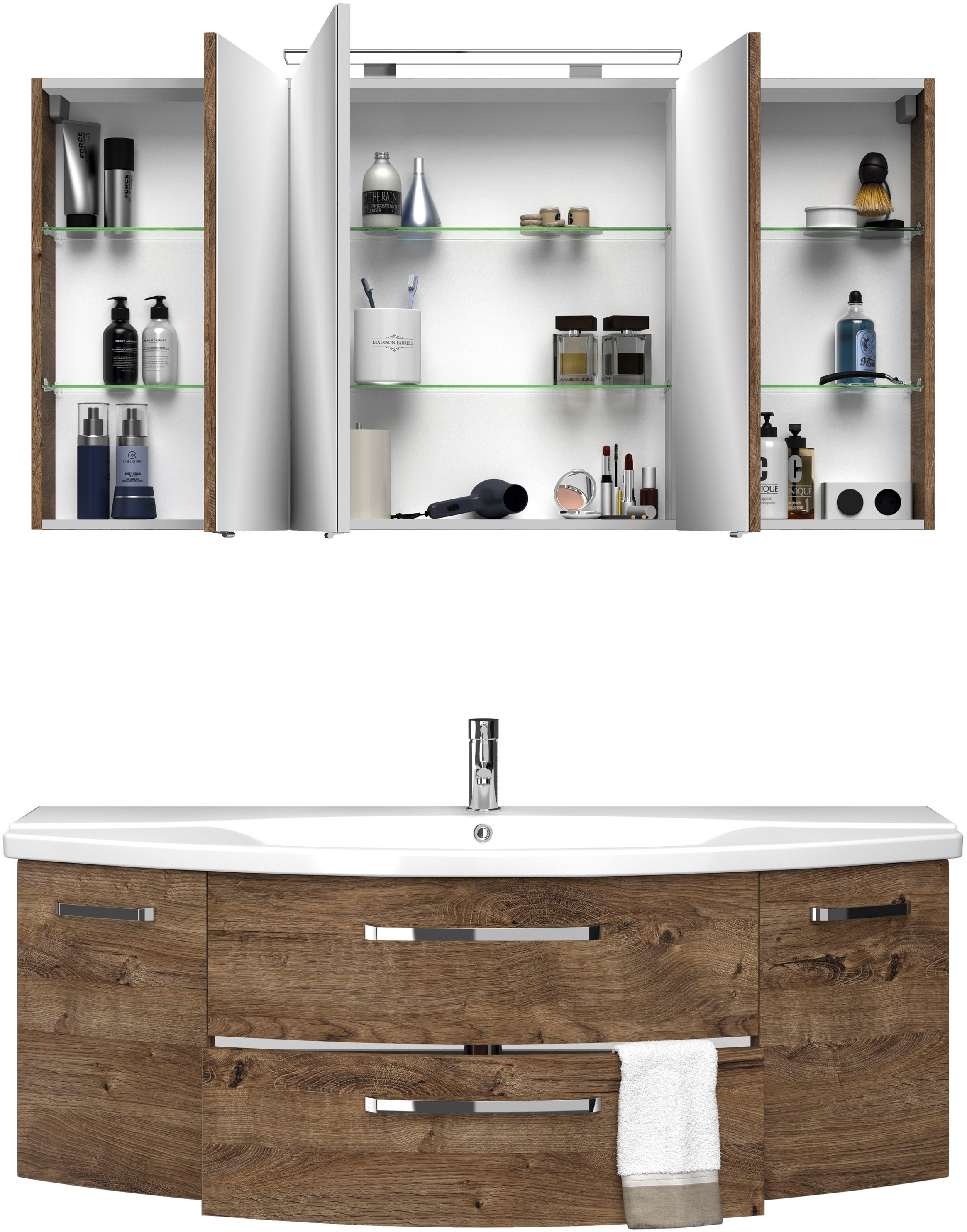 Saphir Badmöbel-Set »Serie 4010 2-teilig Keramik-Waschtisch mit LED-Spiegelschrank«, (Set), Badezimmer Set 144 cm breit, inkl. Türdämpfer, 5 Türen, 2 Schubladen