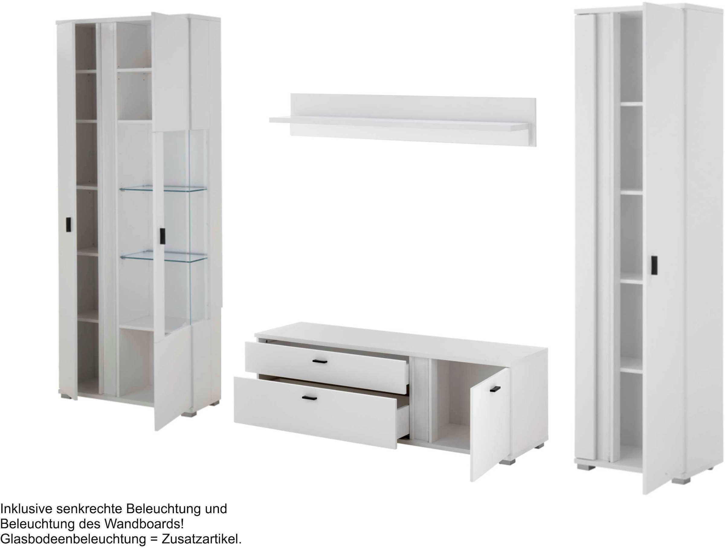 INOSIGN Wohnwand »LONG ISLAND«, (Set, 4 St.), in moderner Trendfarbe,inklusive senkrechter Beleuchtung,Breite 305 cm