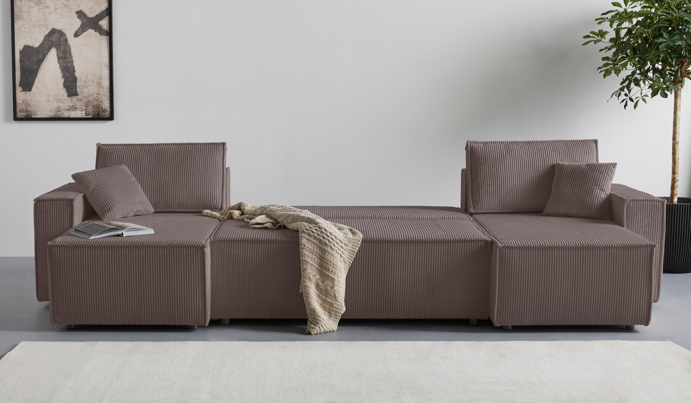 OTTO home Wohnlandschaft »Cassi, 311 cm, U-Form, Schlafsofa, Dauerschläfer, Boxspringfederung«, Schlaffunktion (133/270cm), Bettkasten, Seitentaschen, Cord-Bezug