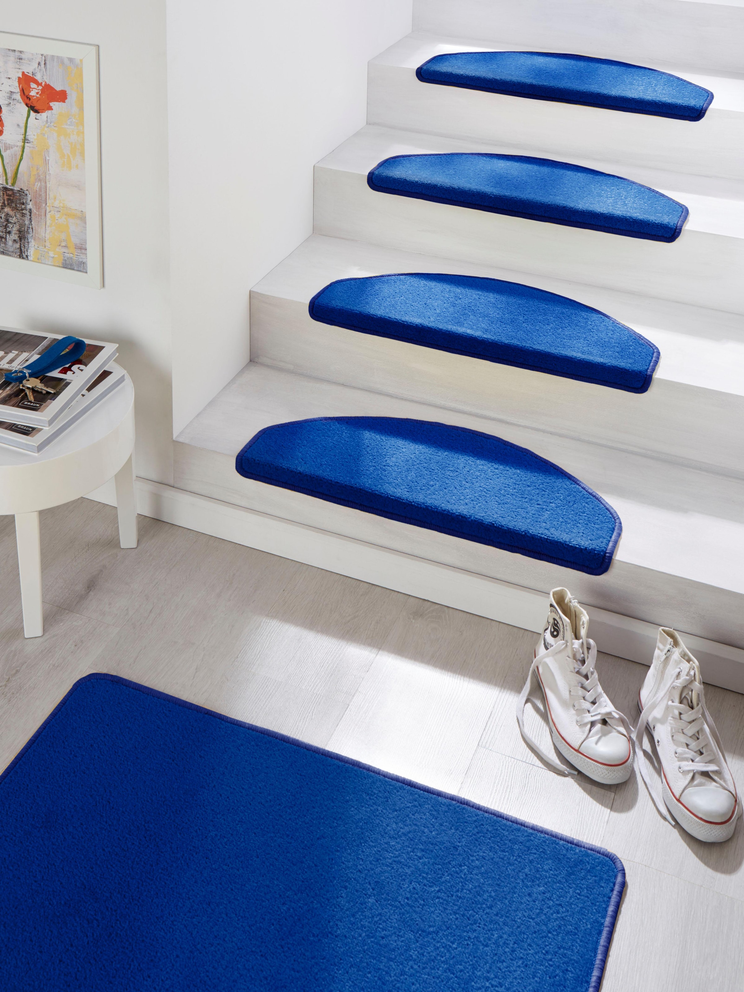 Stufenmatte „Fancy“, halbrund, 15 Stück, Treppenmatten, Selbstklebend, Stufenteppich, Treppenstufen blau 7 mm B/L: 23 cm x 65 cm – 7 mm