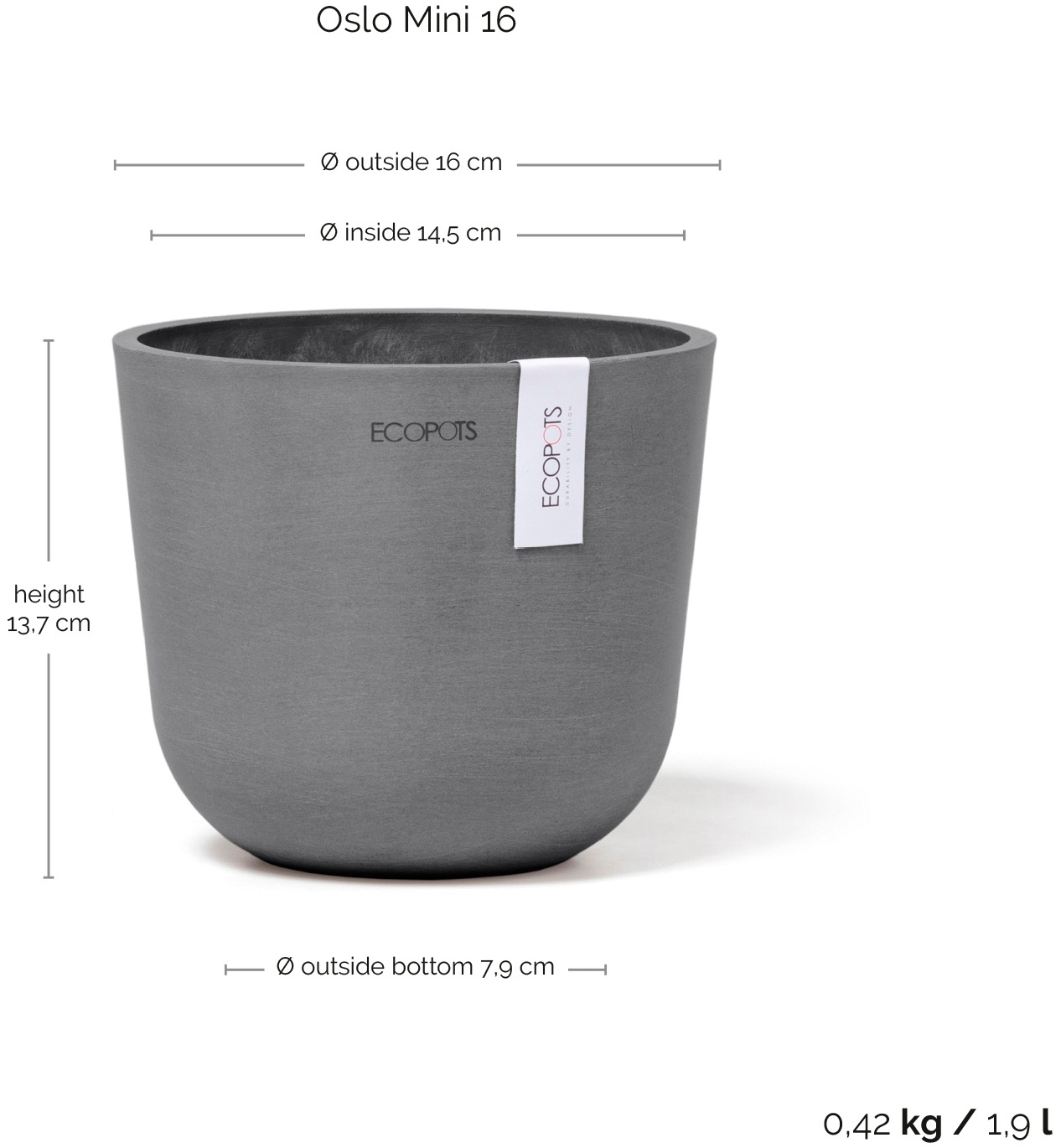 ECOPOTS Blumentopf »Oslo Mini 16 Grau«, für den Innenbereich