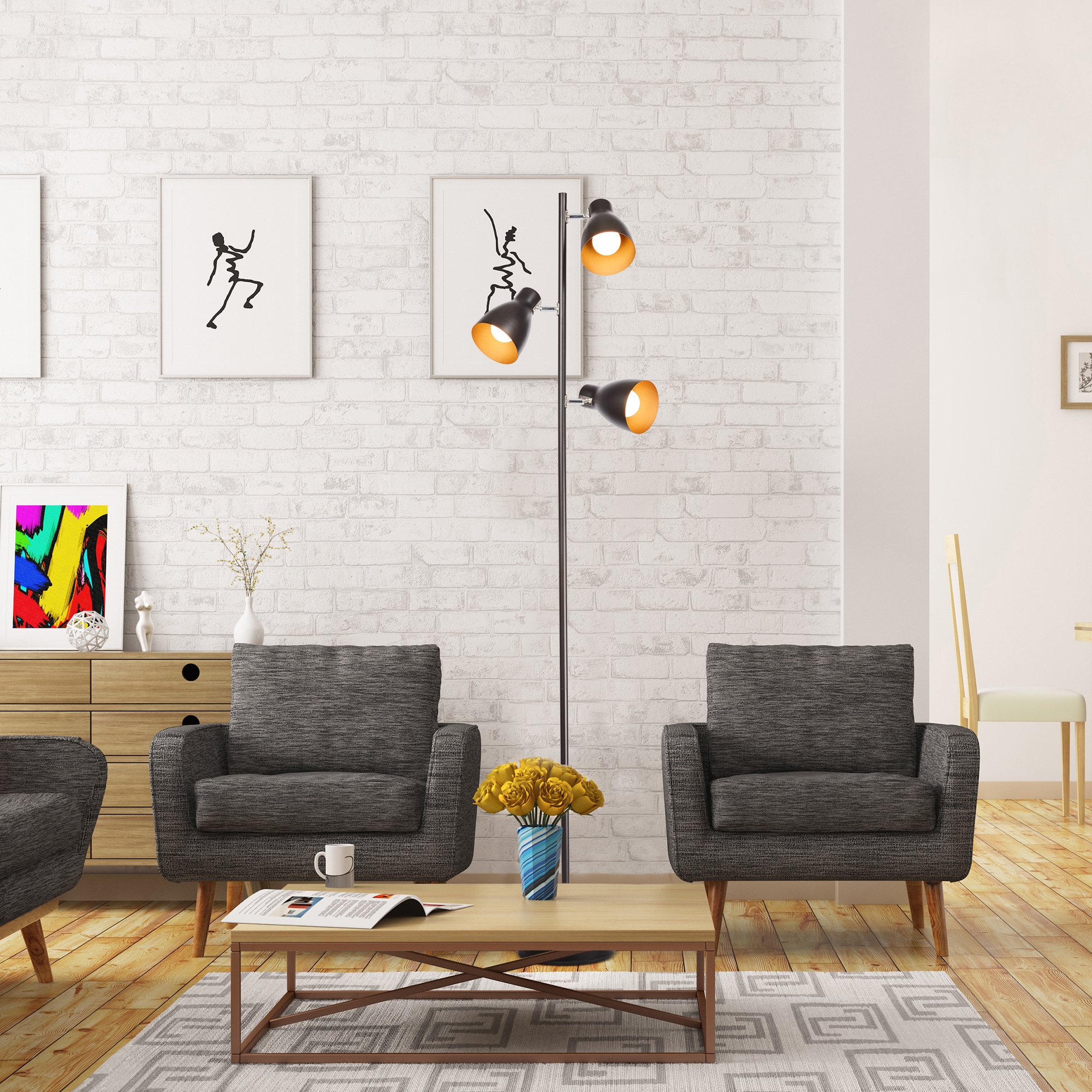 B.K.Licht Stehlampe, 3 flammig, Leuchtmittel E27 | ohne Leuchtmittel, LED Stehleuchte Design Standleuchte Retro Vintage Metall schwarz-gold