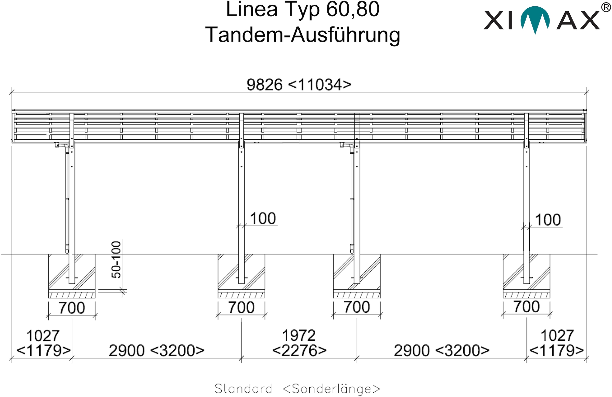 Ximax Doppelcarport »Linea Typ 60 Tandem-Edelstahl-Look«, Aluminium, 257 cm, edelstahlfarben, Aluminium