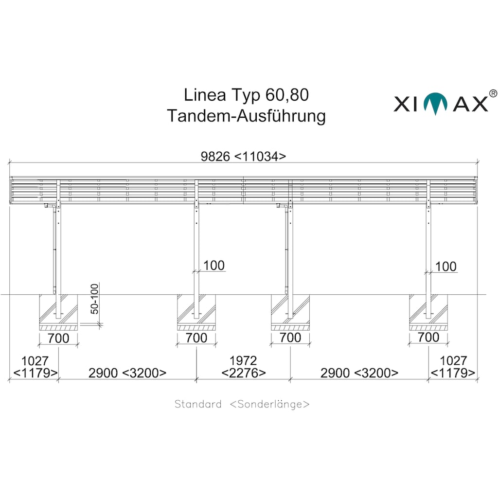 Ximax Doppelcarport »Linea Typ 60 Tandem-Edelstahl-Look«, Aluminium, 257 cm, edelstahlfarben