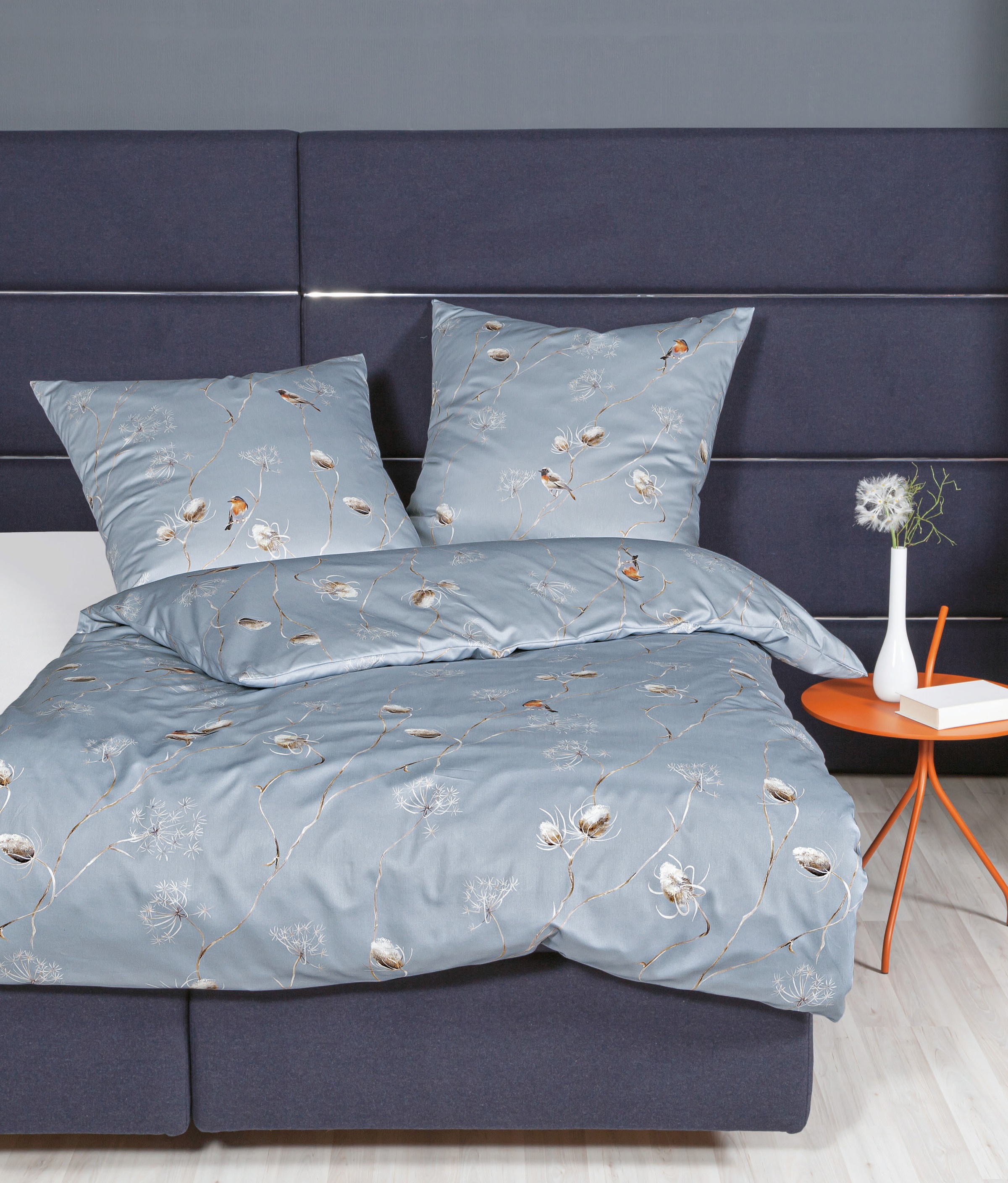Janine Interlock Jersey Bettwäsche Carmen 55094-08 Vögel Grau 135x200 günstig online kaufen