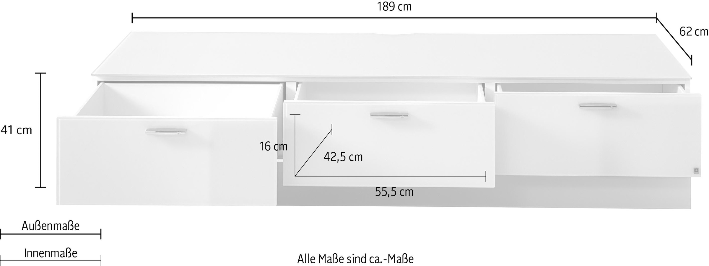 LEONARDO Lowboard »CUBE«, auf Sockel, mit 3 Schubladen, Breite 189 cm