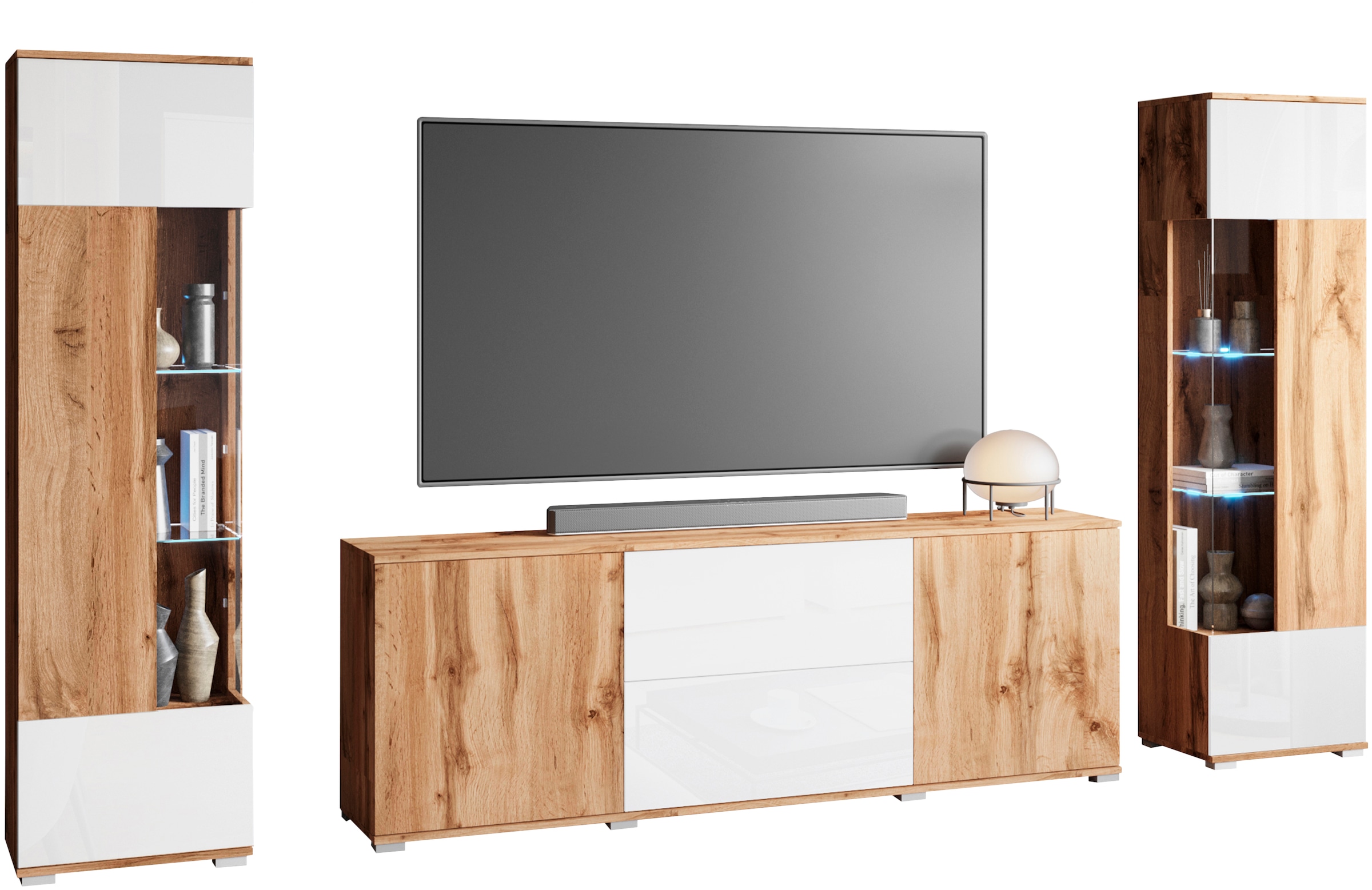 INOSIGN Wohnwand »KENIA«, (Komplett-Set, 3 St.), Vitrinen mit Eckverglasung, hängend und stehend montierbar