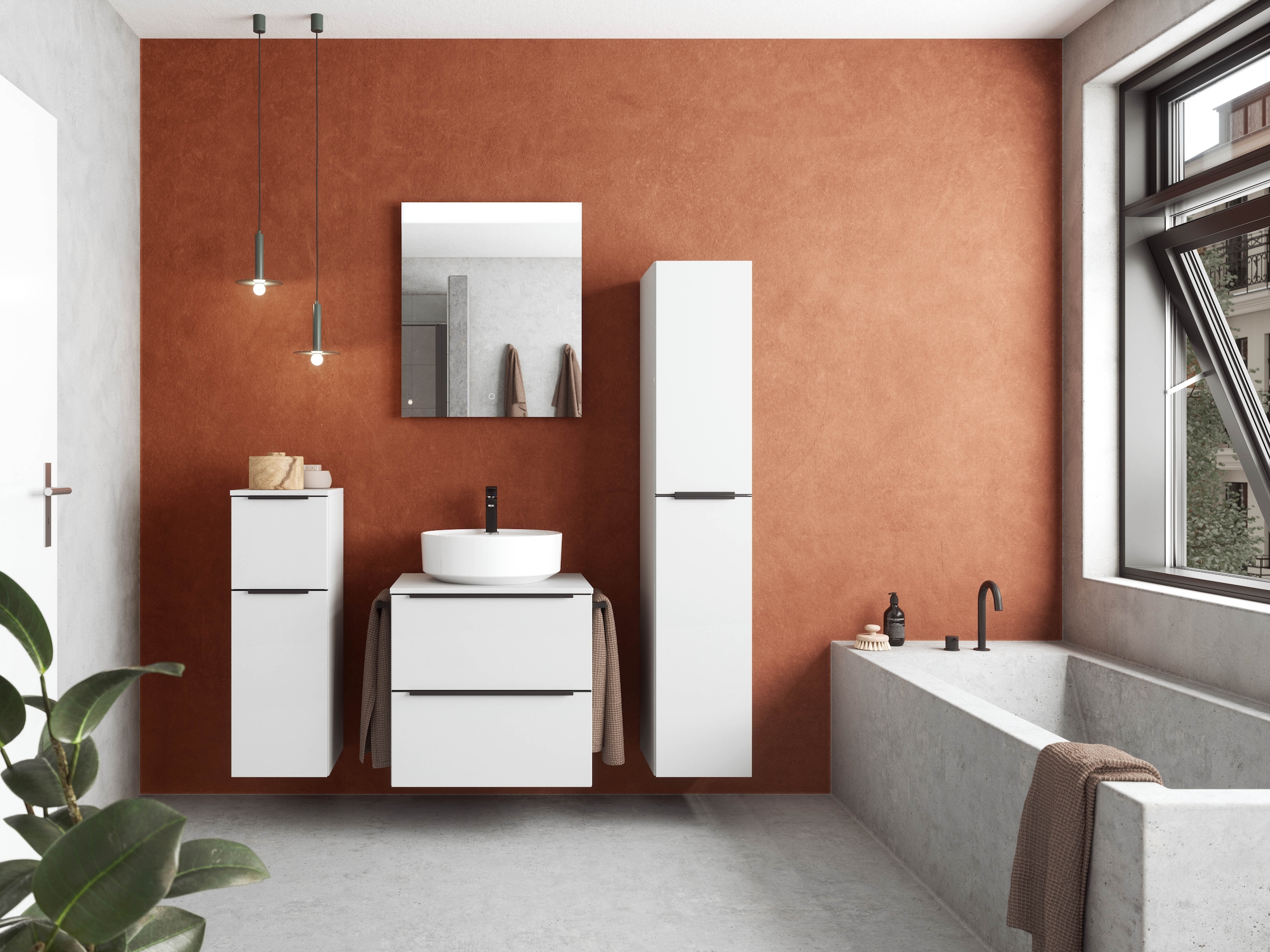 nobilia® Badmöbel-Set »Alvene«, (4 St., vormontiert, mit Soft-Close), Hochglanz, inkl. Spiegel mit Touch-Sensor, in vier Breiten