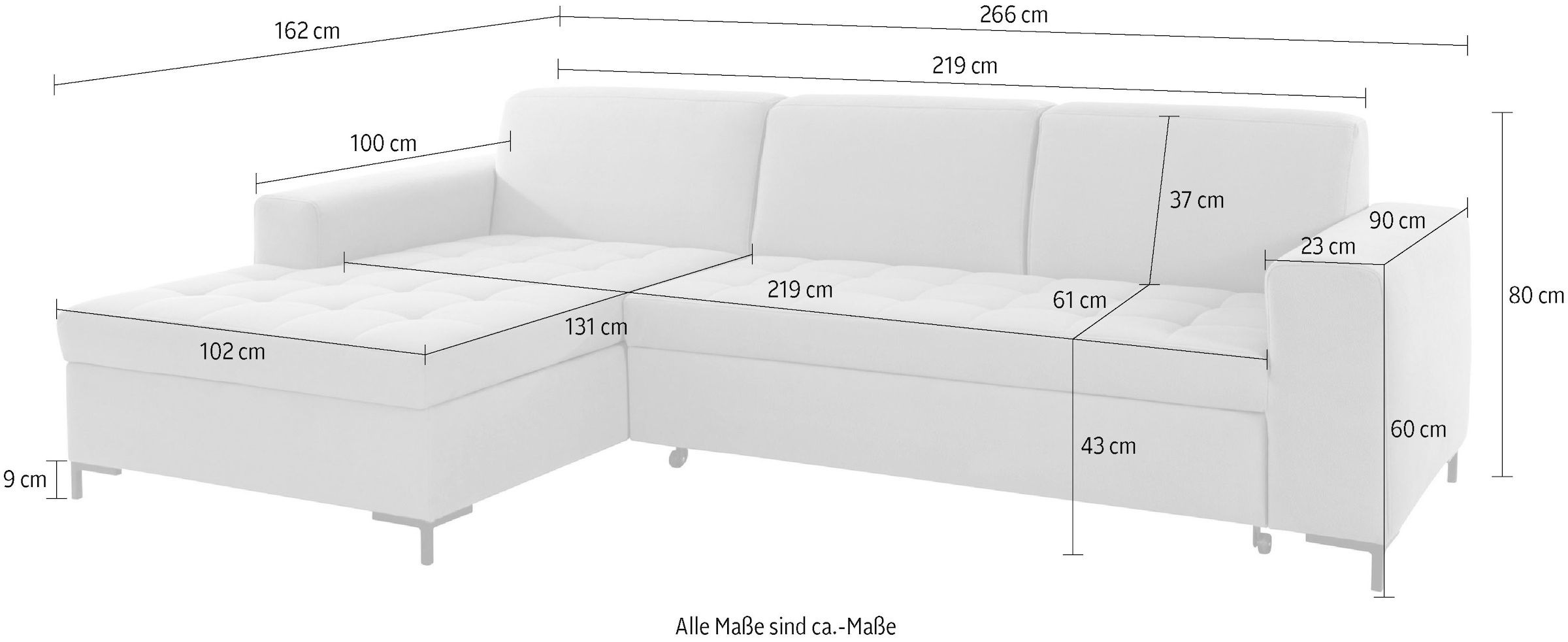 OTTO products Ecksofa »Grazzo, zeitlos & elegant, moderne Sitzheftung, Breite 266cm, L-Form« hochwertige Stoffe aus recyceltem Material, Steppung im Sitzbereich