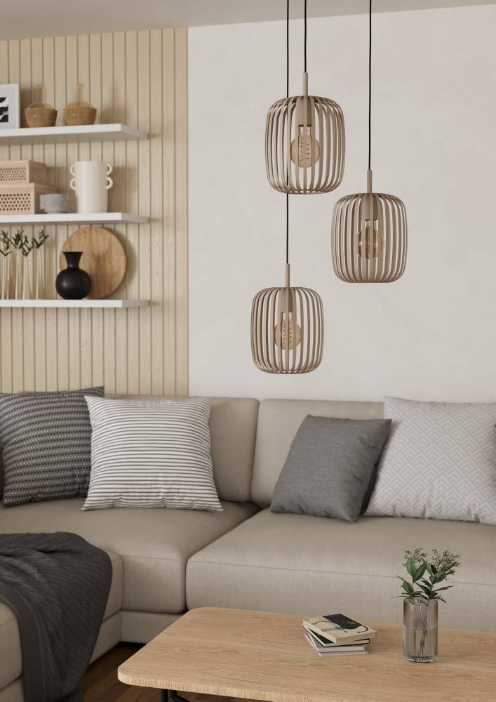 EGLO Hängeleuchte »ROMAZZINA Pendelleuchte, Esstischleuchte, sandfarben, Metall, E27«, 3 flammig, Leuchtmittel E27 | ohne Leuchtmittel, Hängelampe, Wohnzimmer, modern, ballonförmiger Lampenschirm, 110x46cm