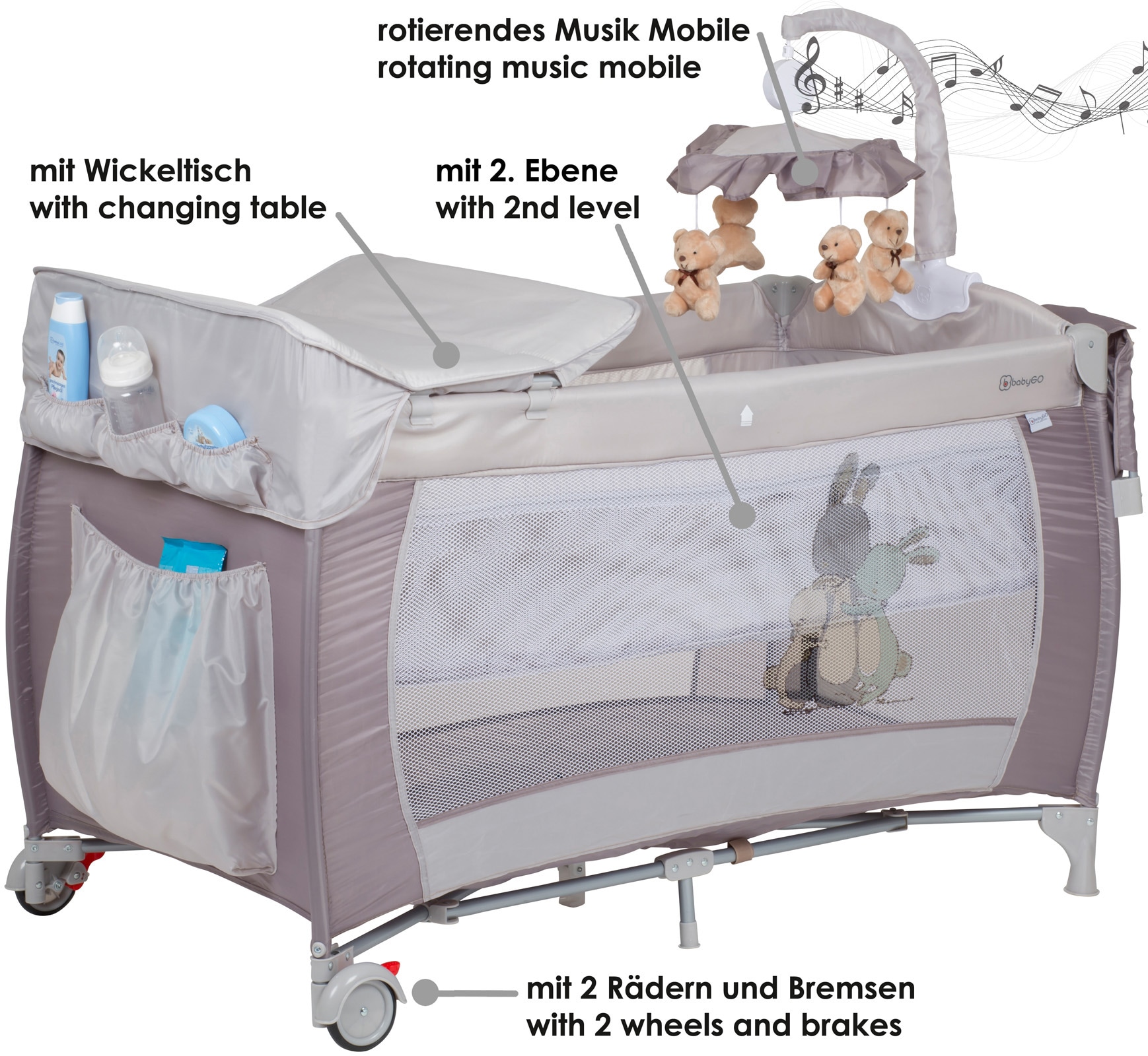 BabyGo Baby-Reisebett »Sleeper Deluxe, beige«, mit Musik-Mobile