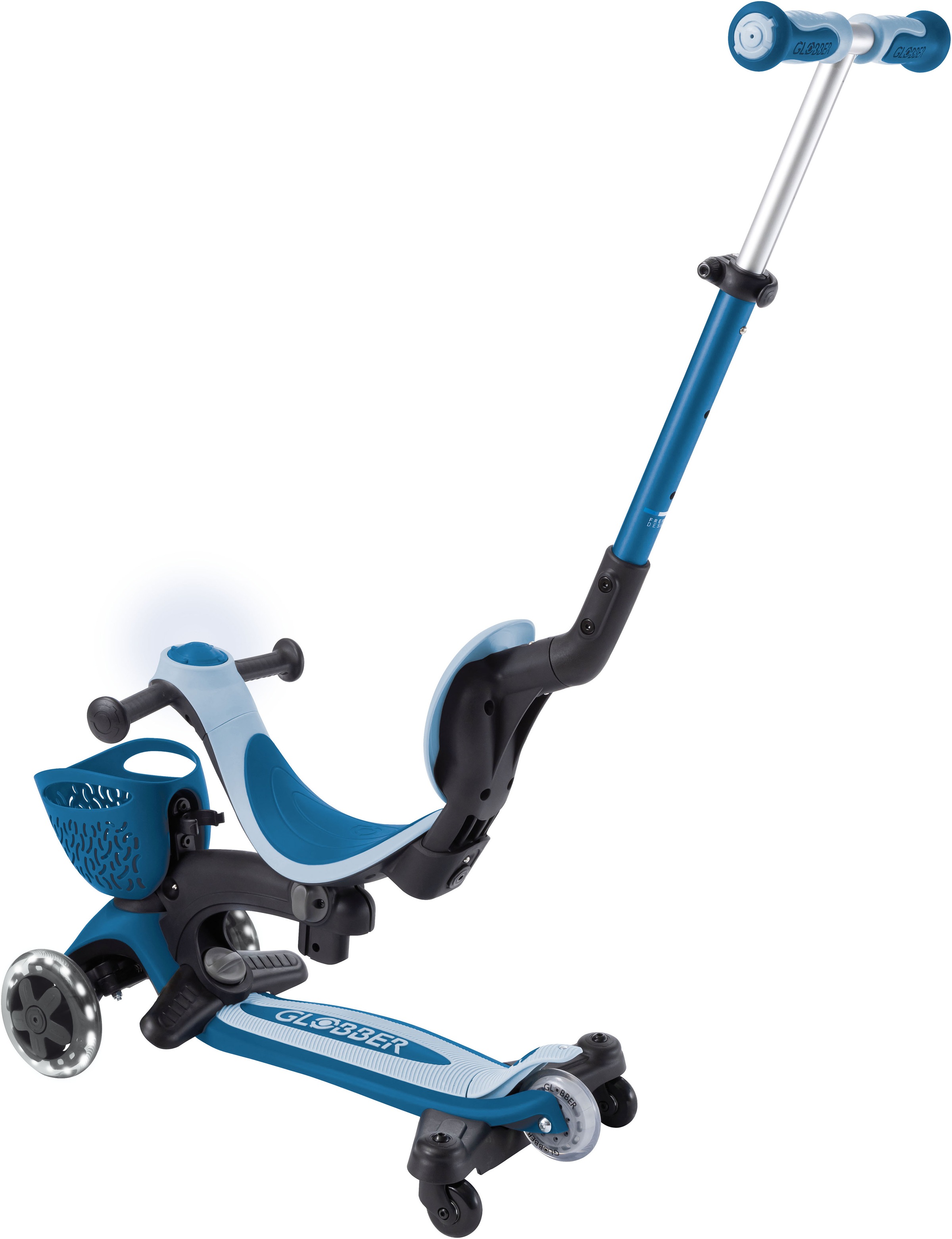 Globber Tretroller »GO-UP BABY 360 LIGHTS, mit Leuchtrollen und Leuchtmodul« Aufsitzrad, Laufrad und Scooter in Einem