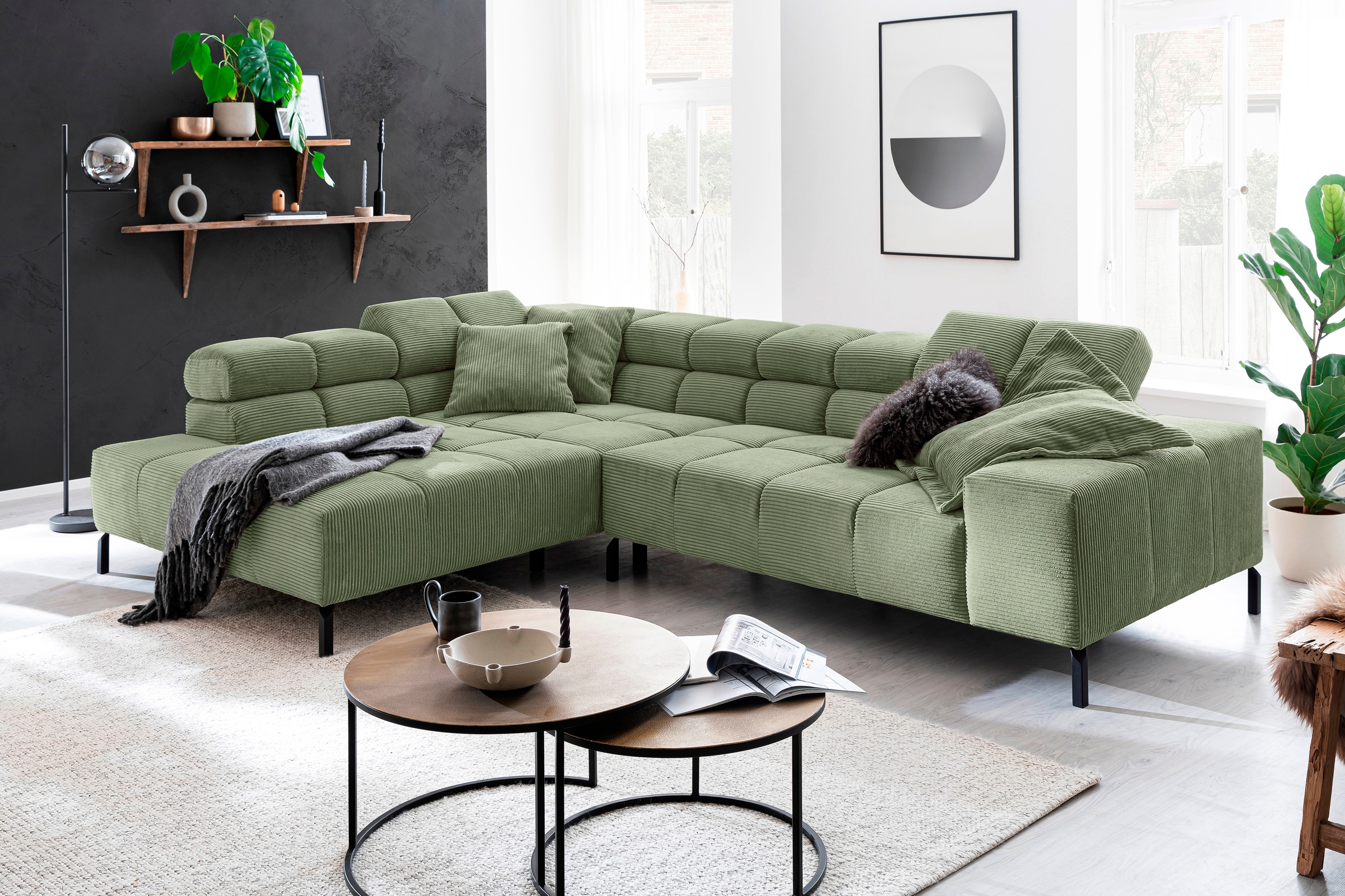 INOSIGN Ecksofa »Ancona New, wahlweise motorische Sitztiefenverstellung, auch in Cord«, feine Steppung, mit Kopfteilverstellung, 3 Zierkissen, L-Form