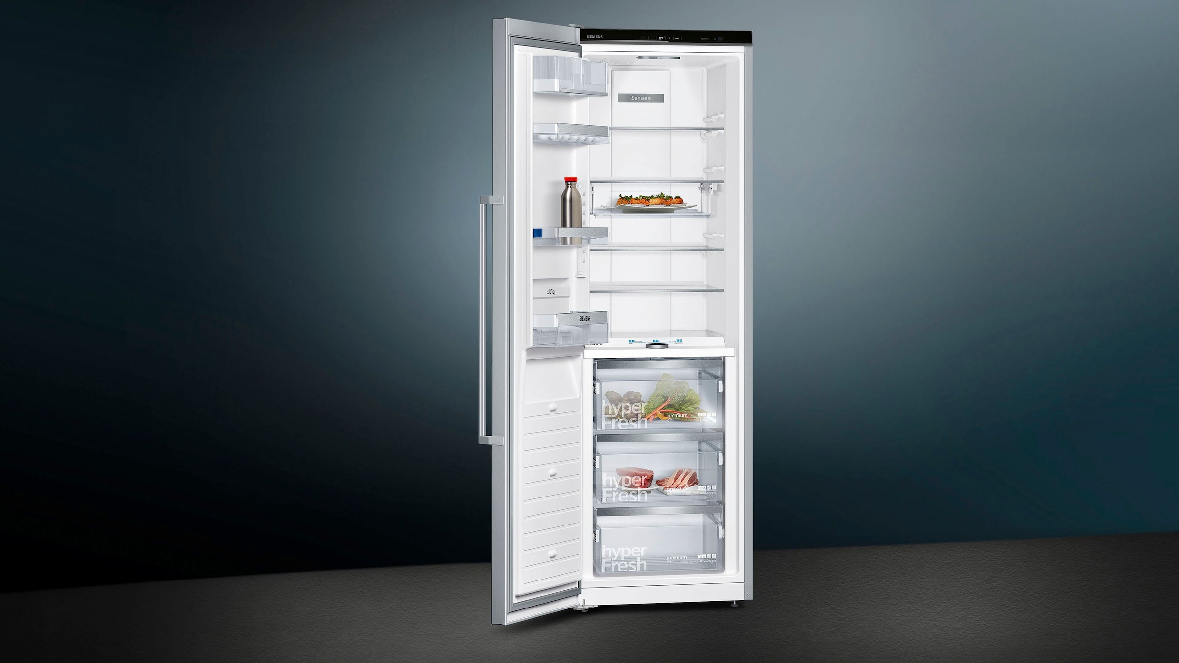 SIEMENS European Side-by-Side, 186 cm hoch, 120 cm breit, mit Schnellkühlfunktion-höhenverstellbare Füße-Umluftkühlung-Flaschenregal