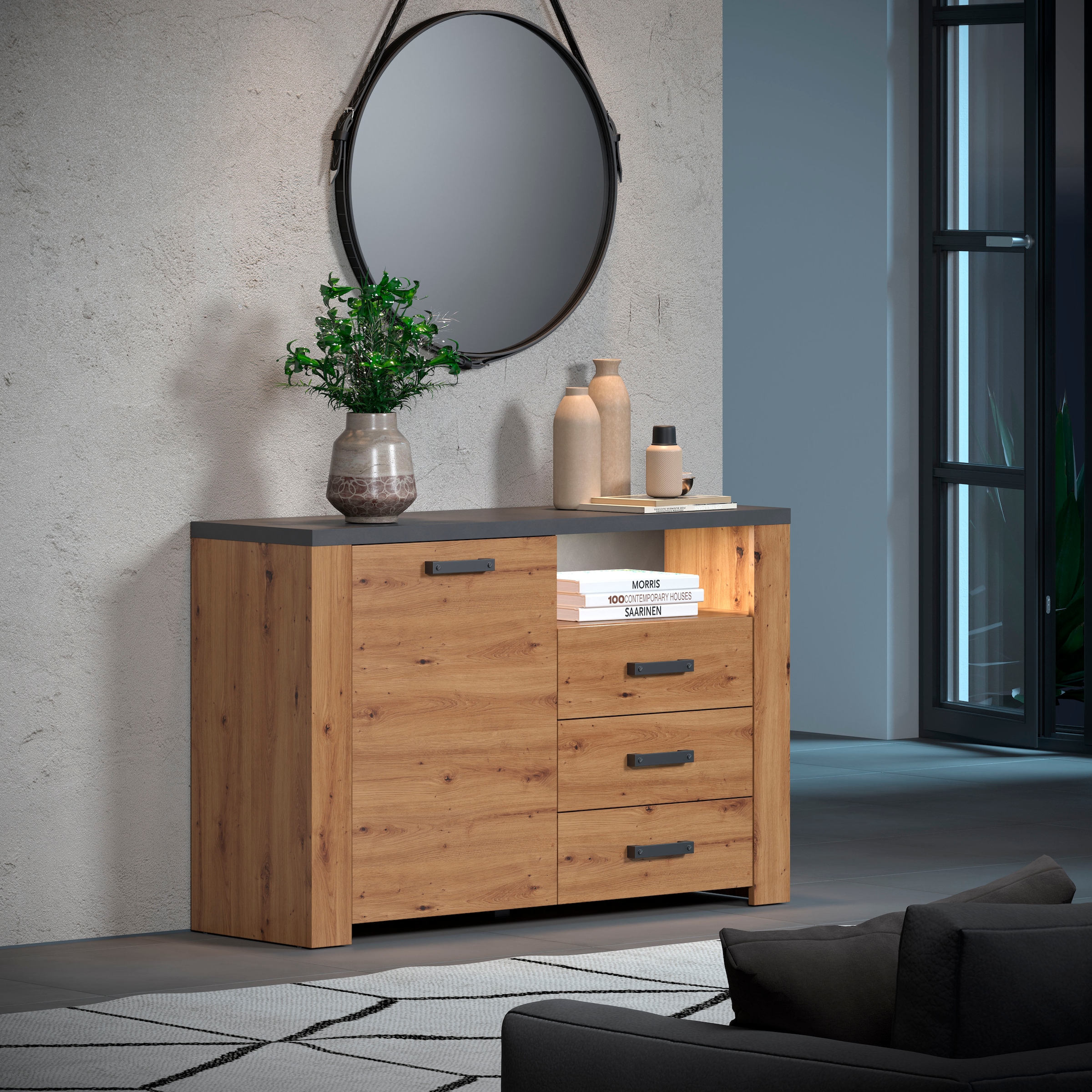Home affaire Sideboard »Ambres«, (1 St.), Kommode, Echtholzoptik, Maße BxH: 127x83 cm, Eiche