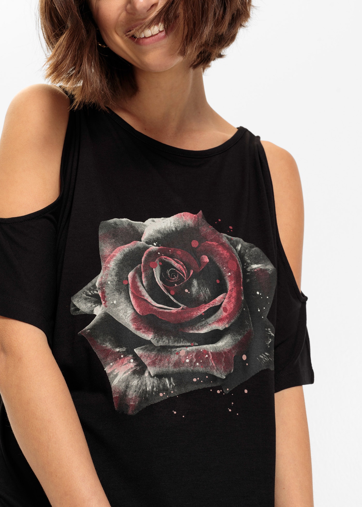bonprix T-Shirt »Cold-Shoulder-Shirt aus Viskose« Cold-Shoulder-Design, Halbarm, lässige Passform, mit Blumen-Print