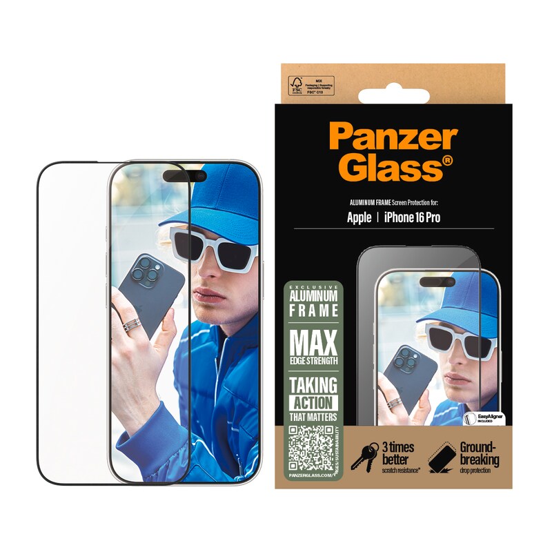 PANZERGLASS Displayschutzglas »Aluminum Frame Screen Protection« für Apple iPhone 16 Pro Displayschutzfolie, Schutzfolie, Bildschirmschutz, kratz-...