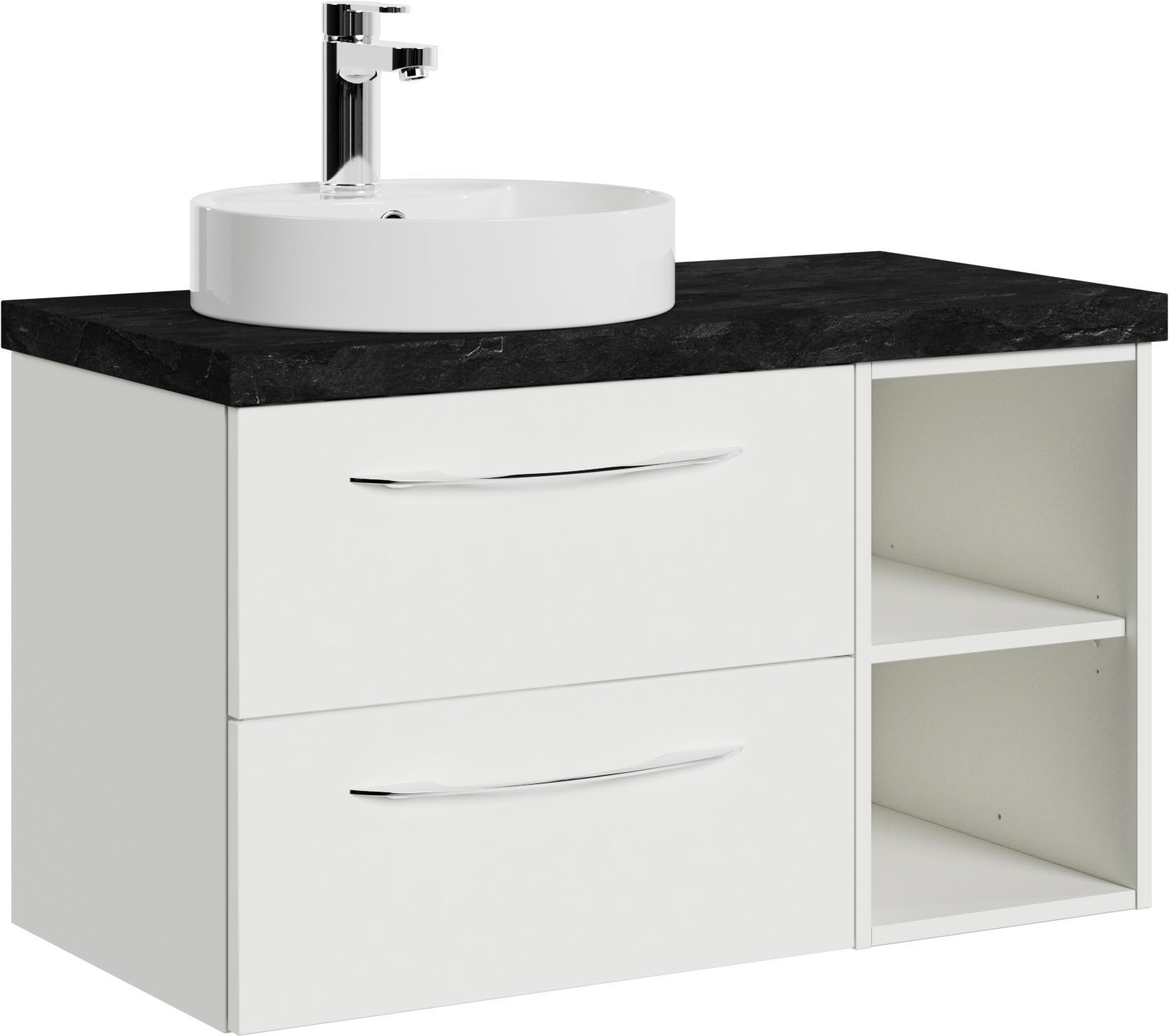 Saphir Waschtisch »Serie 4035 Keramik-Aufsatzbecken mit Unterschrank, 88 cm breit«, Waschplatz mit 2 Schubladen, Regalfächer, Griffe in Chrom Glanz