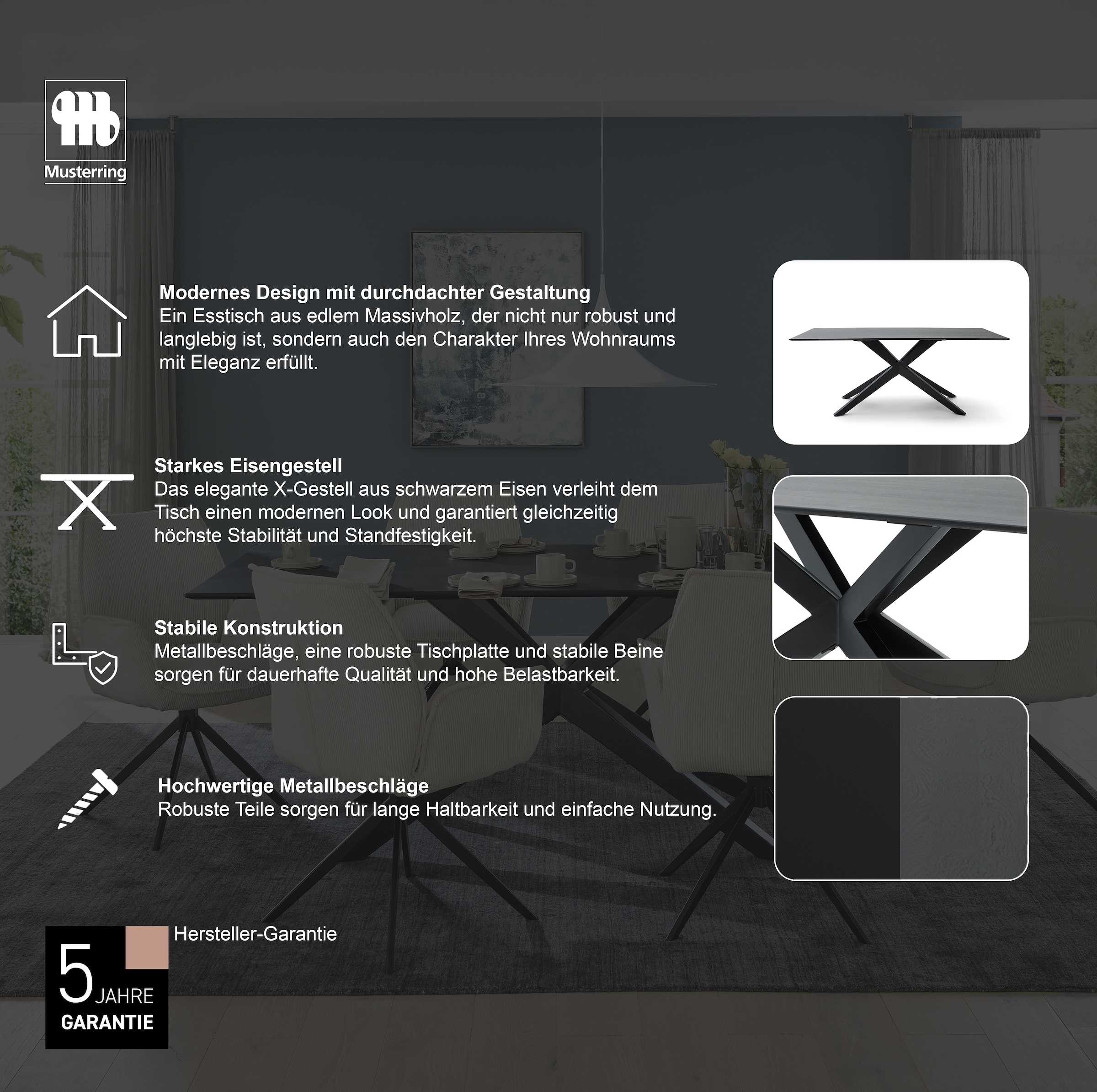 Musterring Esstisch mit fester Platte in Barock-Eiche massiv, 20mm, Eisengestell schwarz