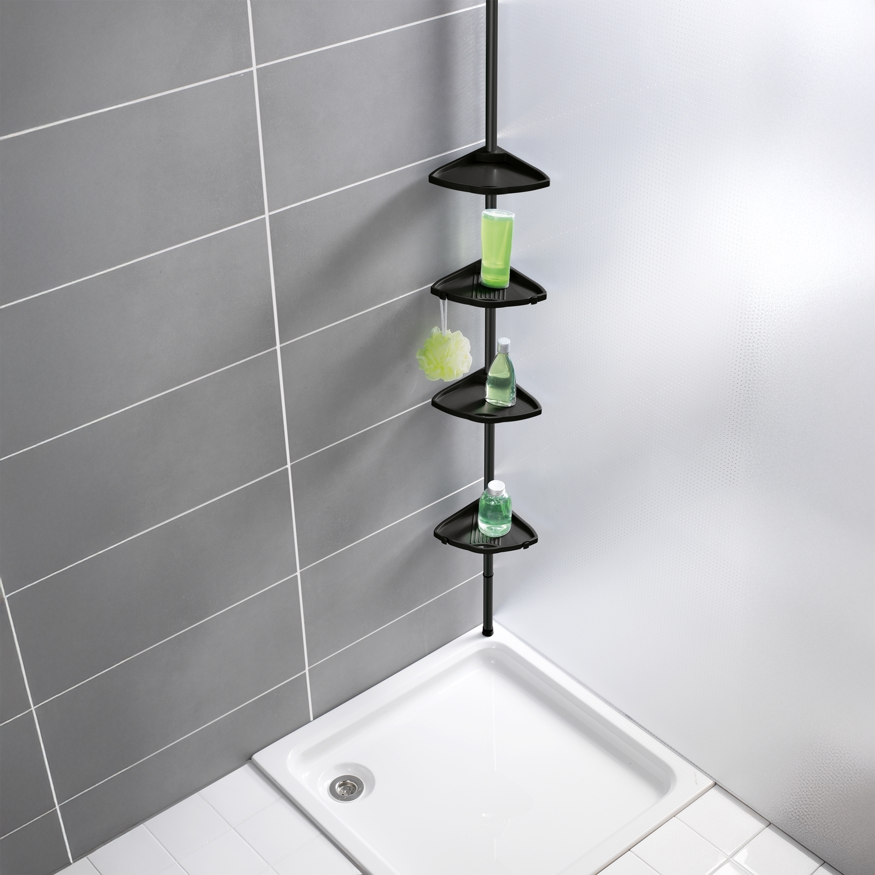 WENKO Duschregal »Compact« Eckregal mit 4 Ablagen und 8 Haken, Montage ohne Bohren, Aluminium