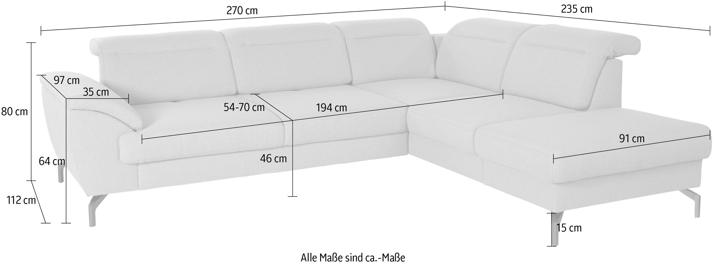 sit&more Ecksofa »Percy L-Form«, 15 cm Fußhöhe, Sitztiefenverstellung, wahlweise in 2 Fußfarben